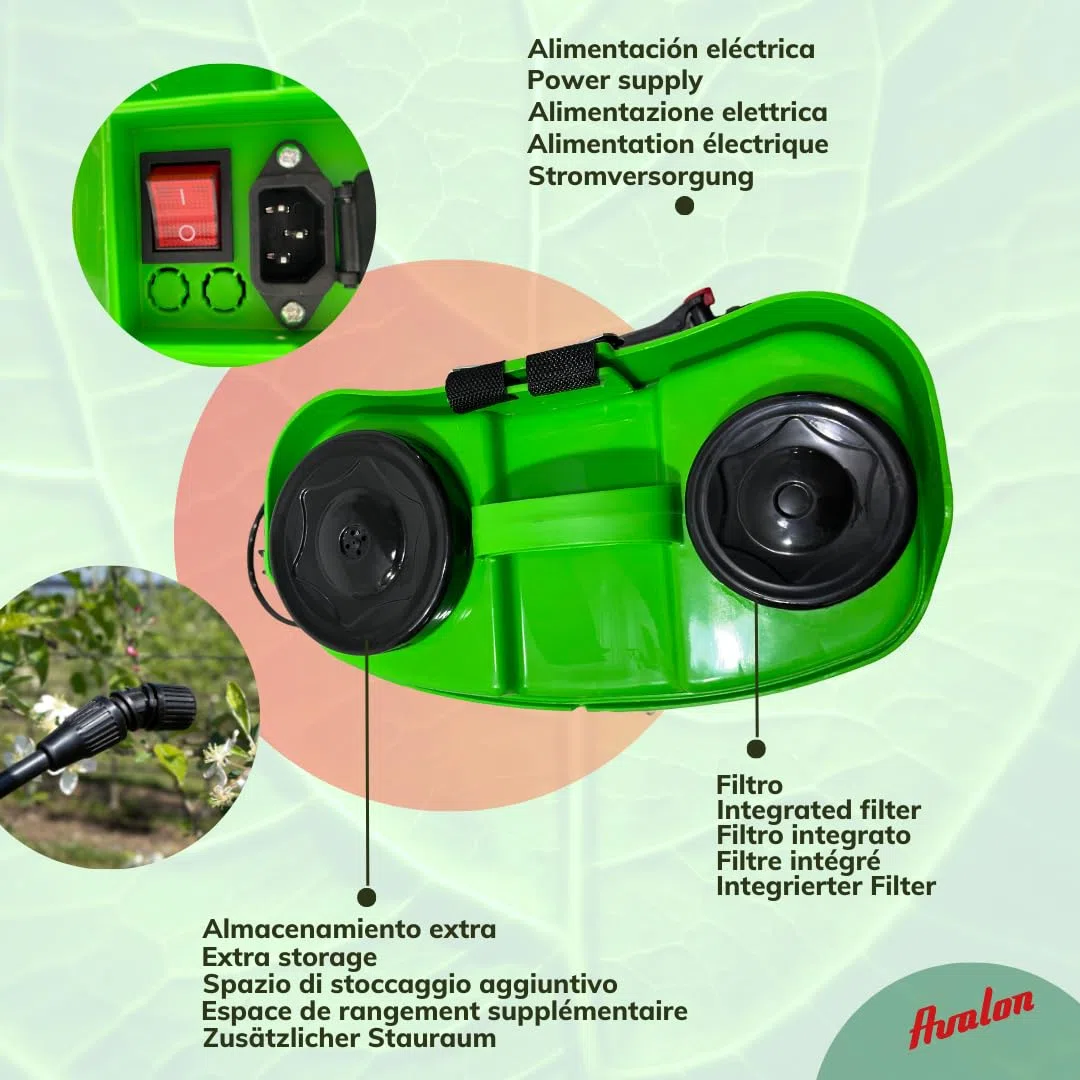 Avalon - Pulverizador de Mochila a Presión con Batería Recargable, Tanque 16L, Lanza INOX Verde. Incluye arnés, Cargador y Set de boquillas de pulverizado
