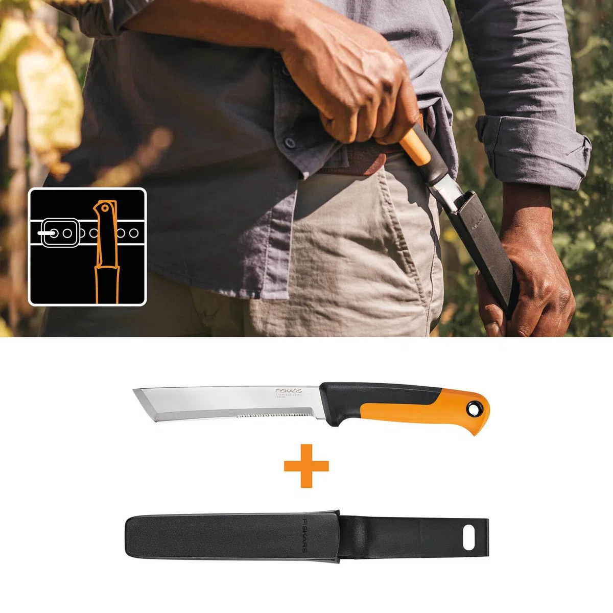 Fiskars Cuchillo para cosechar, Para tallos gruesos y troncos, Longitud de la hoja: 15 cm, Acero inoxidable/plástico, Negro/naranja, X-series, K82, 1062830