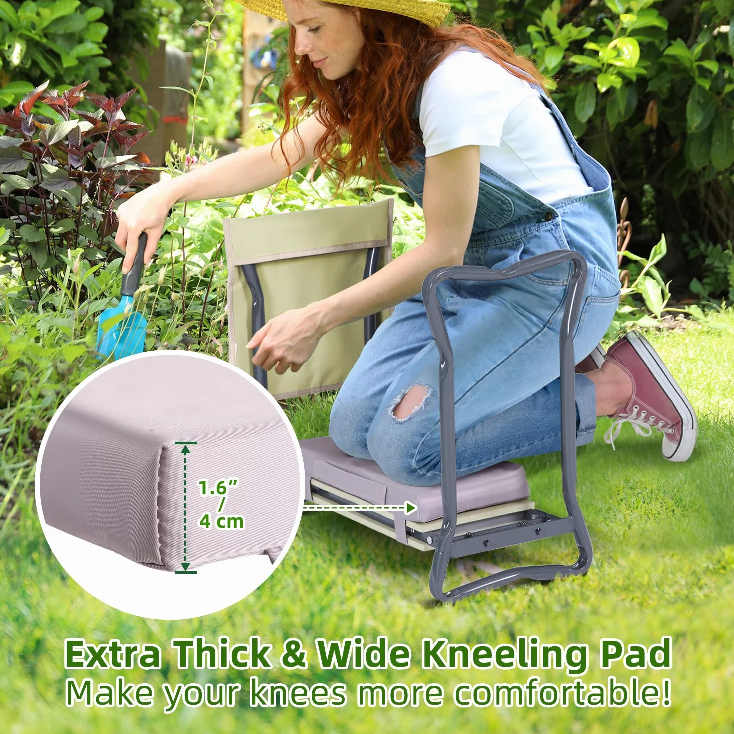 Ohuhu Taburete de jardinería plegable 2 en 1 mejorado con almohadilla suave desmontable, banco de jardín resistente con bolsa de herramientas grande y bolsa, regalos para mujeres, hombres, personas