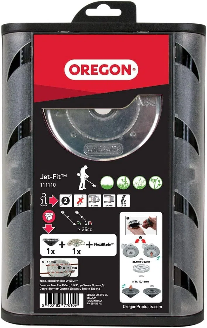 Oregon Cabezal universal Jet Fit de 2 hilos para desbrozadoras de eje recto de 25 cc o más, carga fácil, uso intensivo o profesional, con hilo de corte Flexiblade (111110)