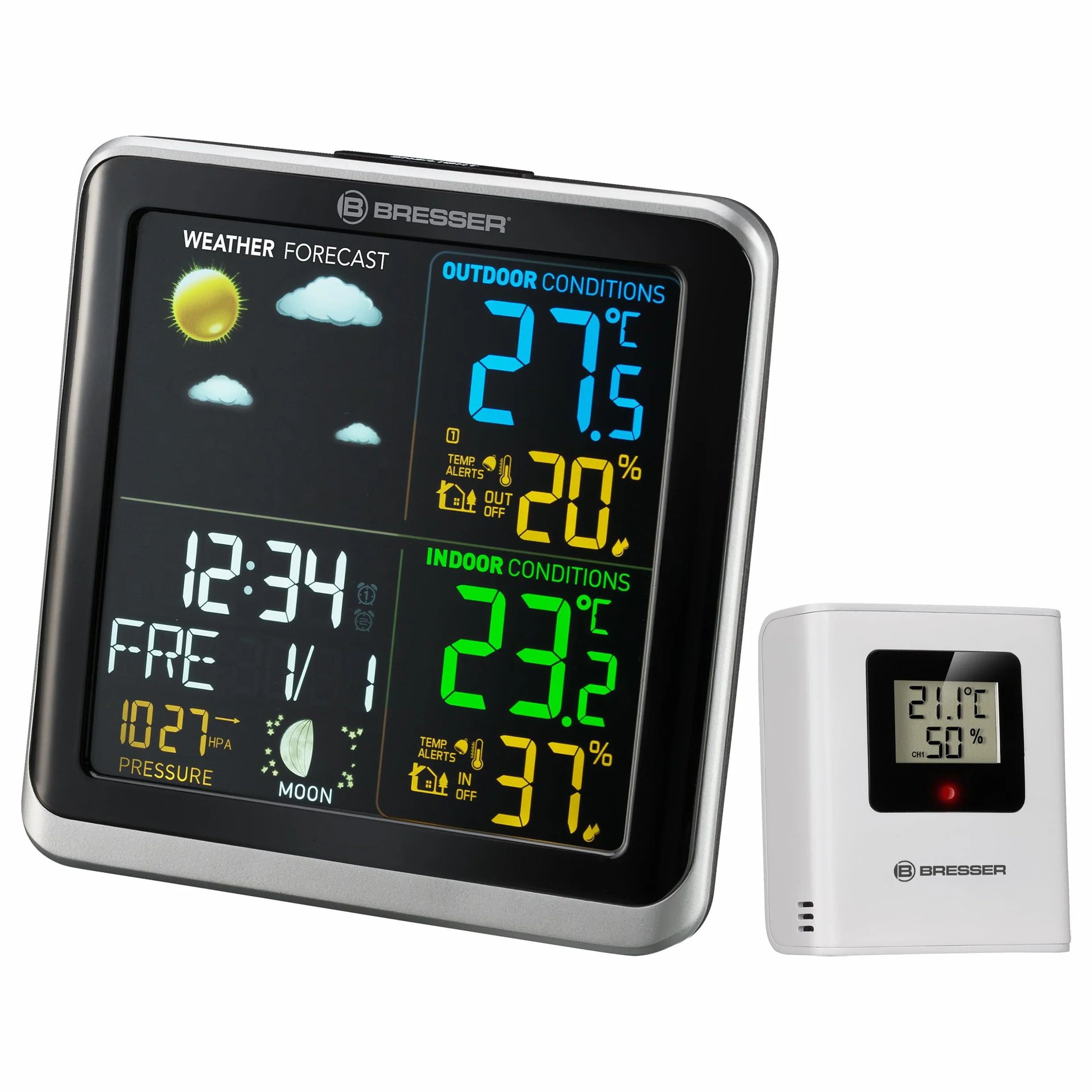 Bresser ClimaTemp TB Estación meteorológica radiocontrolada con sensor exterior, estación meteorológica con pantalla LCD a color y dos horas de alarma, 7007201, negro y gris
