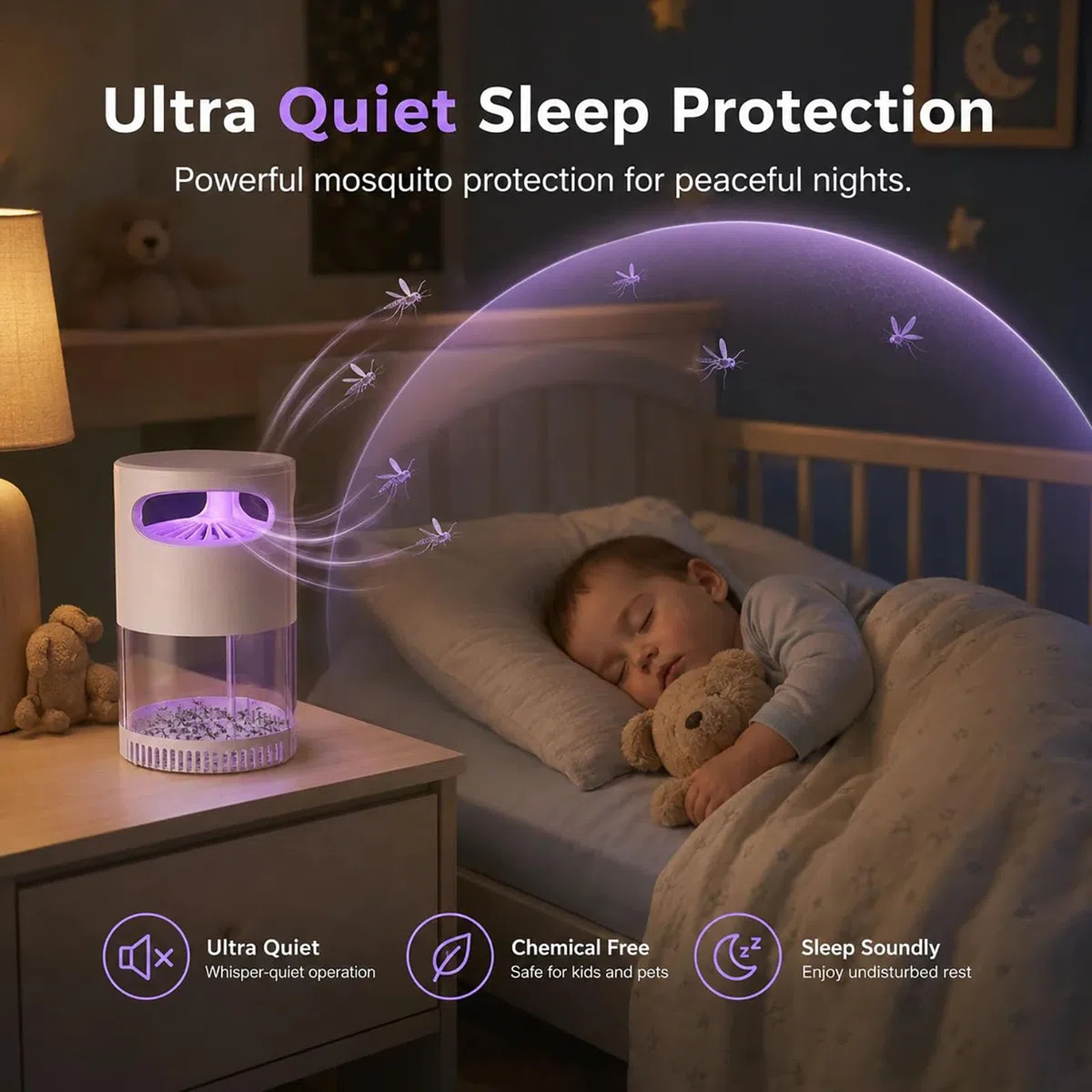 Ultra-Quiet Bionic UV Suction Mosquito Trap, Quiet UV Mosquito Trap & Bug Zapper, USB Indoor Insect Trap with Night Light, Safe for Bedroom, Nursery and Pet Areas (Black)