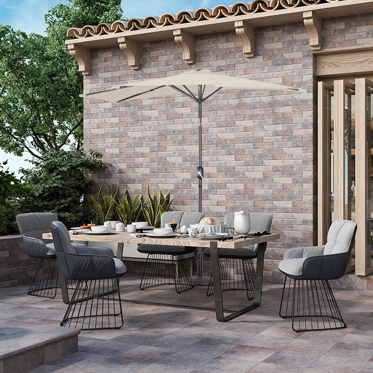 Angel Living Half Circular Parasol, Sombrilla Semicircular 250cm de Acero, Mástil Central de Acero de 38 mm, Para Jardín Patio Balcón