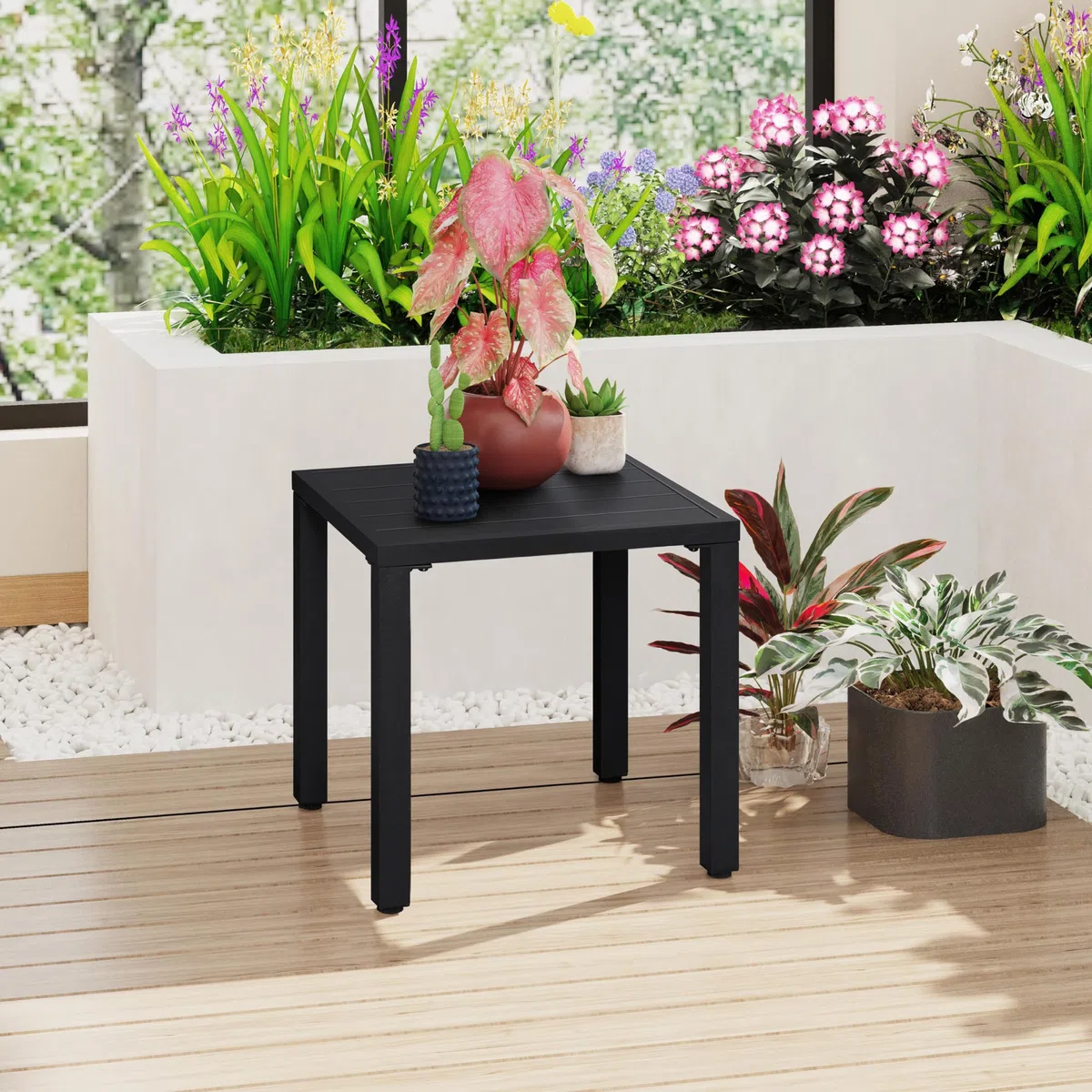 Yaheetech Mesa de Comedor Jardín Auxiliar Exterior Cuadrada Metal Mesa de Café Resistente Mesa Auxiliar Outdoor 45X45X45,5 cm para Terraza Patio Balcón Color Negro