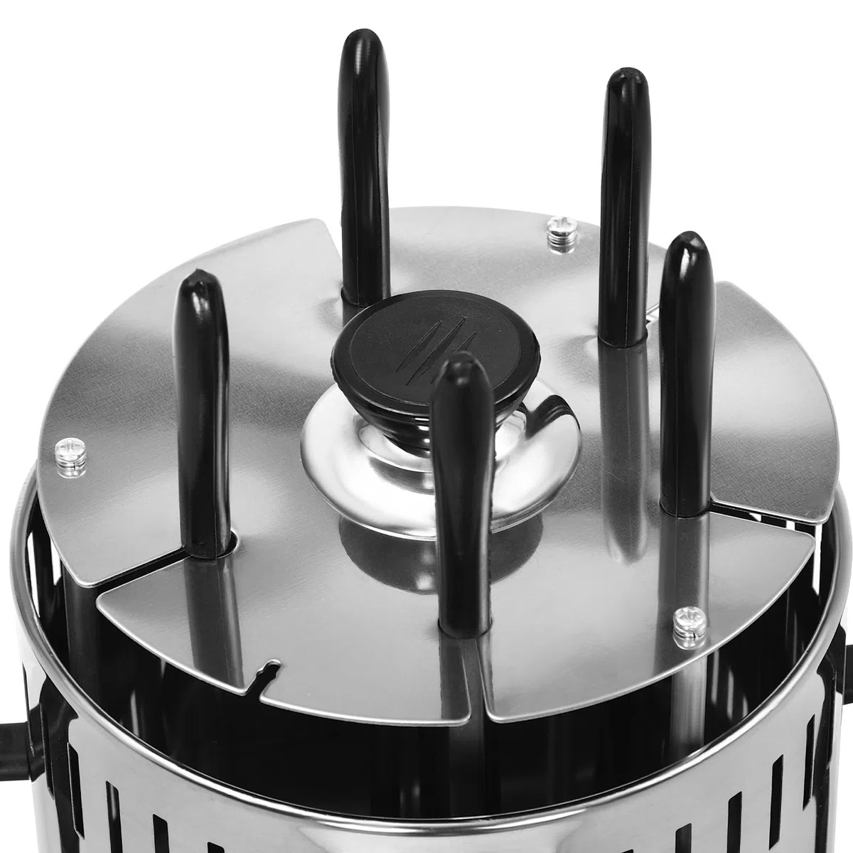 Barbacoa eléctrica vertical de acero inoxidable, parrilla giratoria de 1000W para el hogar, parrilla redonda con 5 pinchos, mangos y bandeja para goteo de aceite, Negro, Plata