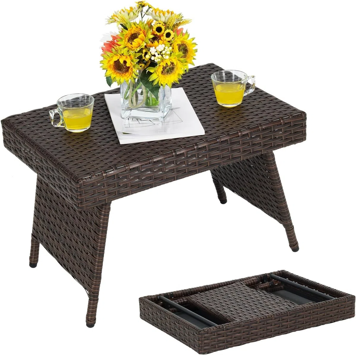 GOPLUS Mesa Baja Jardín Plegable de Ratán, Mesa Auxiliar con Estructura de Acero Resistente y Patas Ajustables, Mesa de Café sin Montaje Ahorra Espacio para Exterior Terraza Piscina, 60 x 40 x 40 cm
