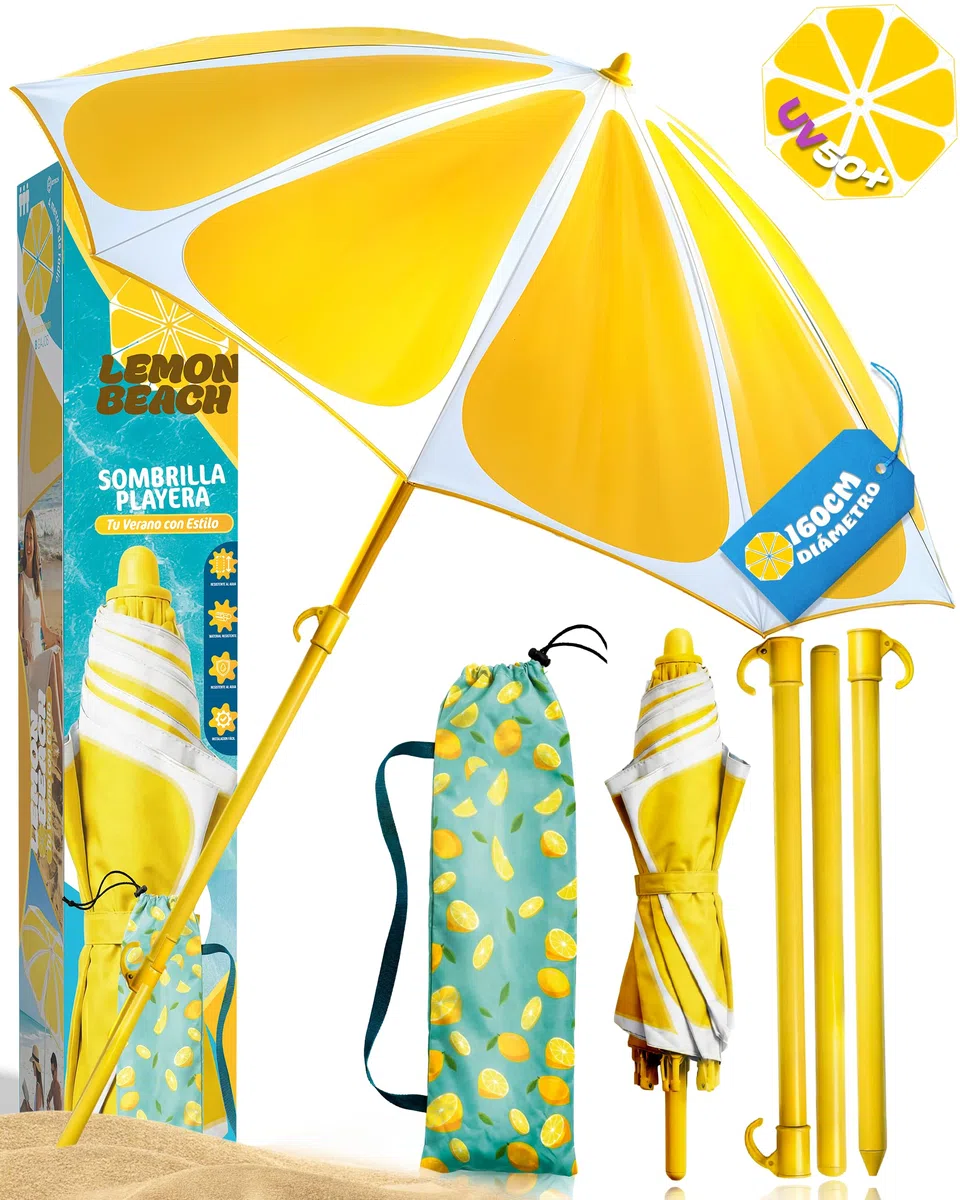 SUPER PACK Sombrilla Playa Plegable | Parasol con Altura 210cm y Diámetro 160cm | Sombrilla Compacta para Maleta | Protección Verano 2 Plazas UPF 50+ | Mástil Aluminio Amarillo 109C