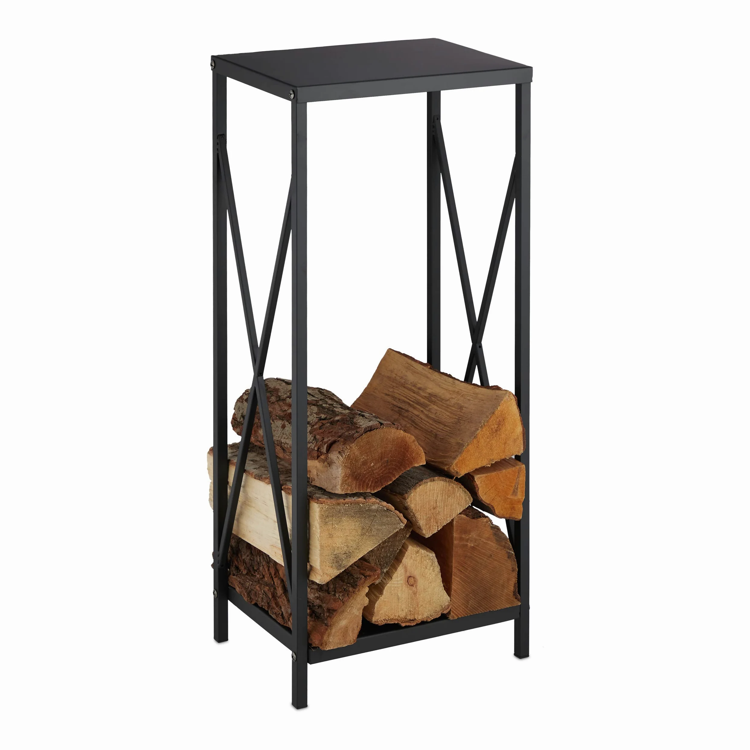 Relaxdays Leñero Vertical, Soporte Leña Metal, 80 x 34 x 25 cm, Bandeja Leños Acero, Accesorio Chimenea, Interior, Negro