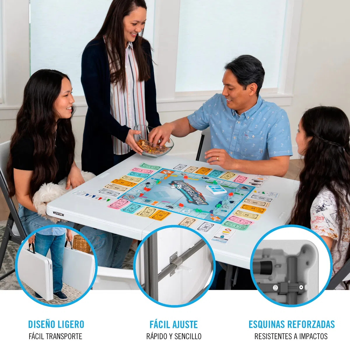 LIFETIME 92117 - Mesa plegable portátil cuadrada resistente, medidas 93.9 x 93.9 x 73.6 cm, duradera, resistente y ligera, incluye asa para transportar, para 4 personas, soporta hasta 181 kg