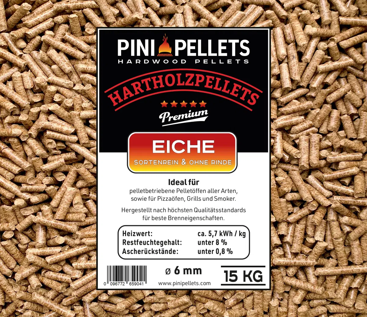 Pellets de madera dura 6 mm PINI 15 kg para calefacción, asar, ahumar