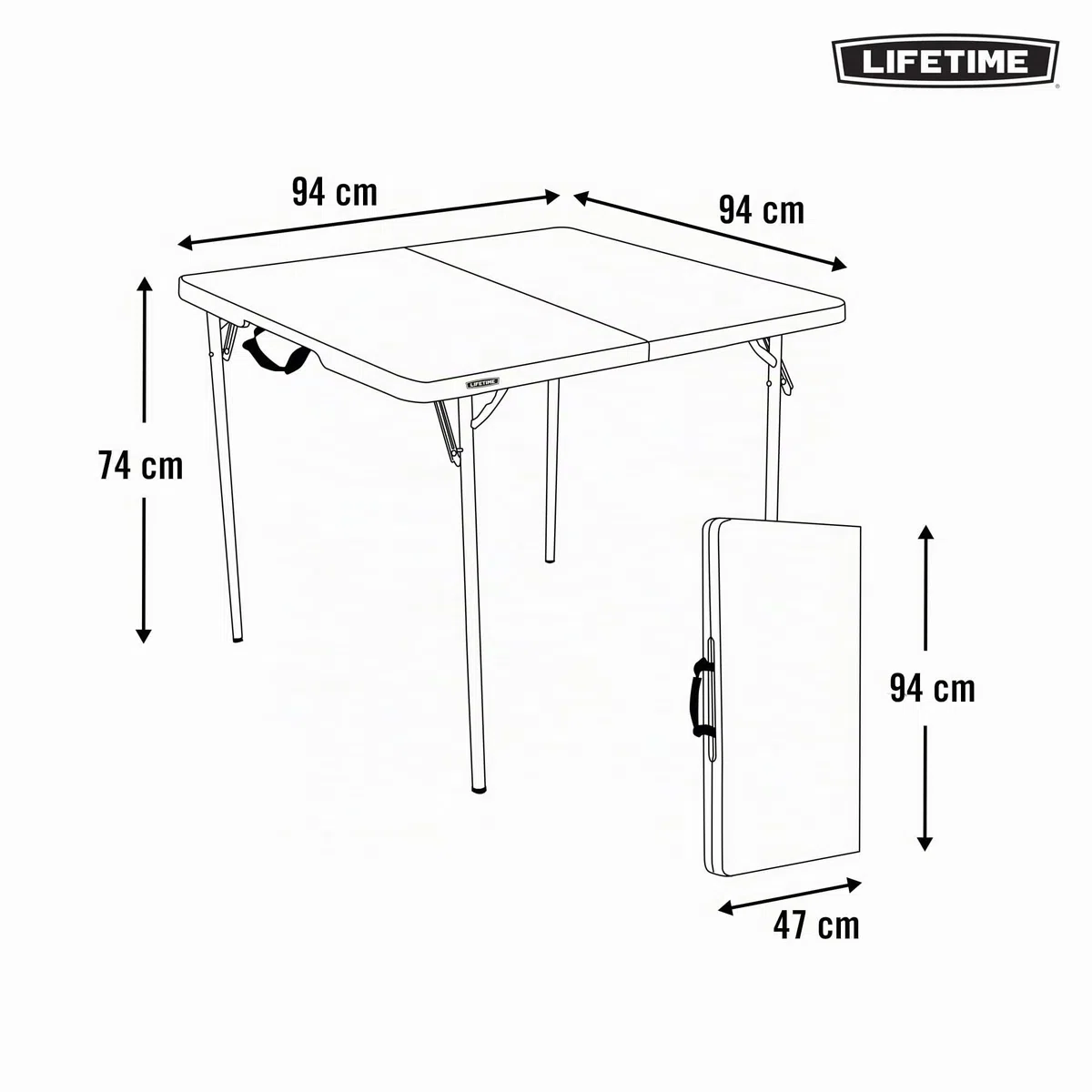 LIFETIME 92117 - Mesa plegable portátil cuadrada resistente, medidas 93.9 x 93.9 x 73.6 cm, duradera, resistente y ligera, incluye asa para transportar, para 4 personas, soporta hasta 181 kg
