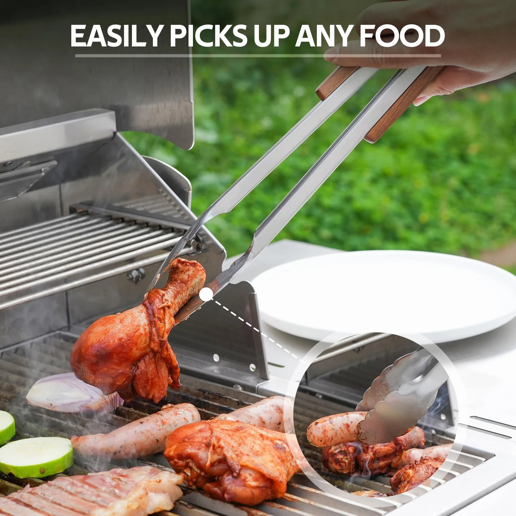 onlyfire 4 Pcs Kit de Utensilios para Barbacoas, Espátula para Plancha Perforada, Pinzas de Cocina, Tenedor y Cepillo para Barbacoa, Utensilios Profesionales para Asar y Cocinar Al Aire Libre