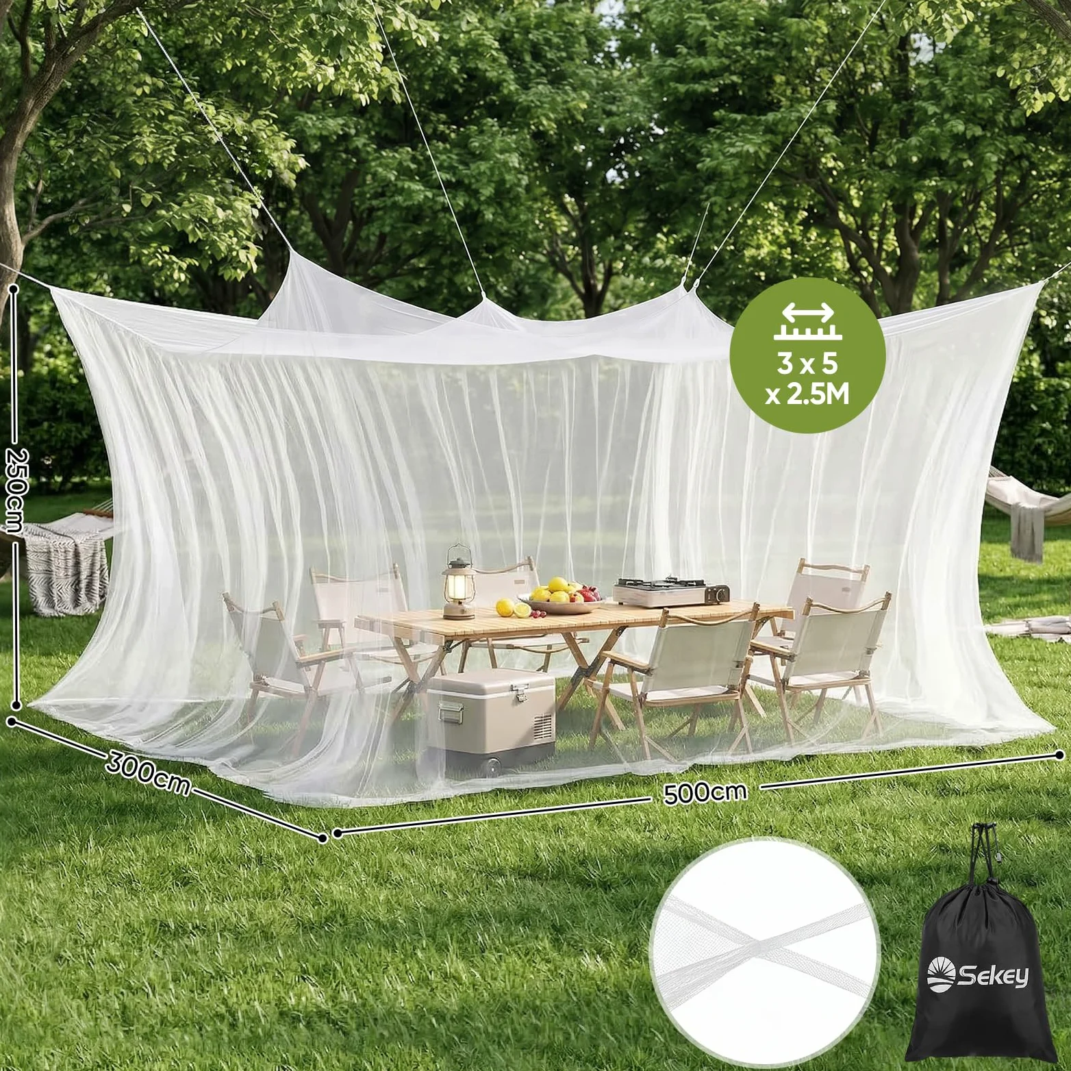Sekey Mosquitera de 500 x 300 x 250 cm, Malla Fina de 0,07 mm, Doble mosquitera de Viaje, portátil Cerrada, Tienda de campaña Cerrada, protección contra Insectos para Exteriores, jardín, balcón
