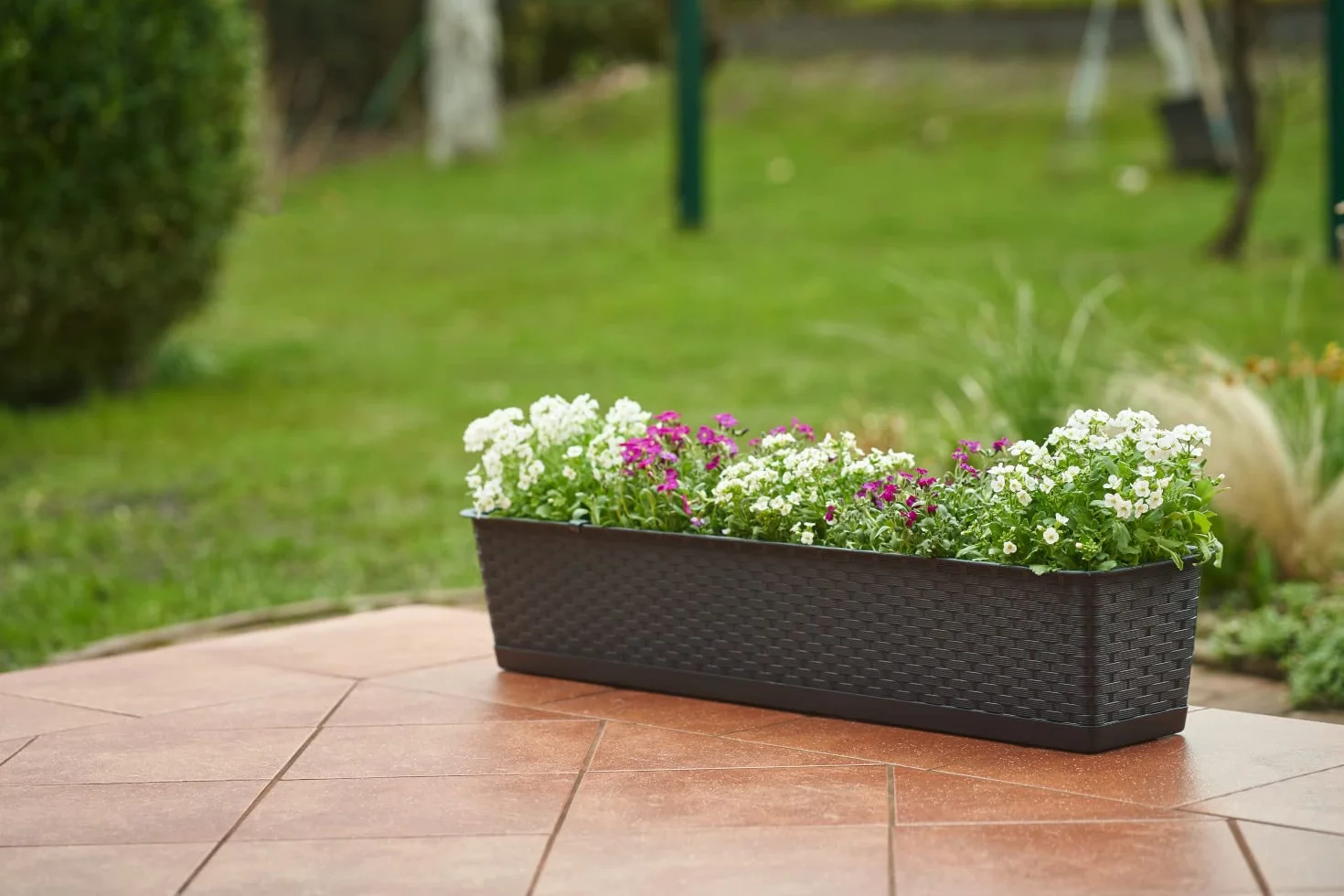 Tymar Jardinera de balcón con soporte, Jardinera de balcón, 2 unidades, ratán, Jardinera de plástico ((2pack) Antracita, 80cm)
