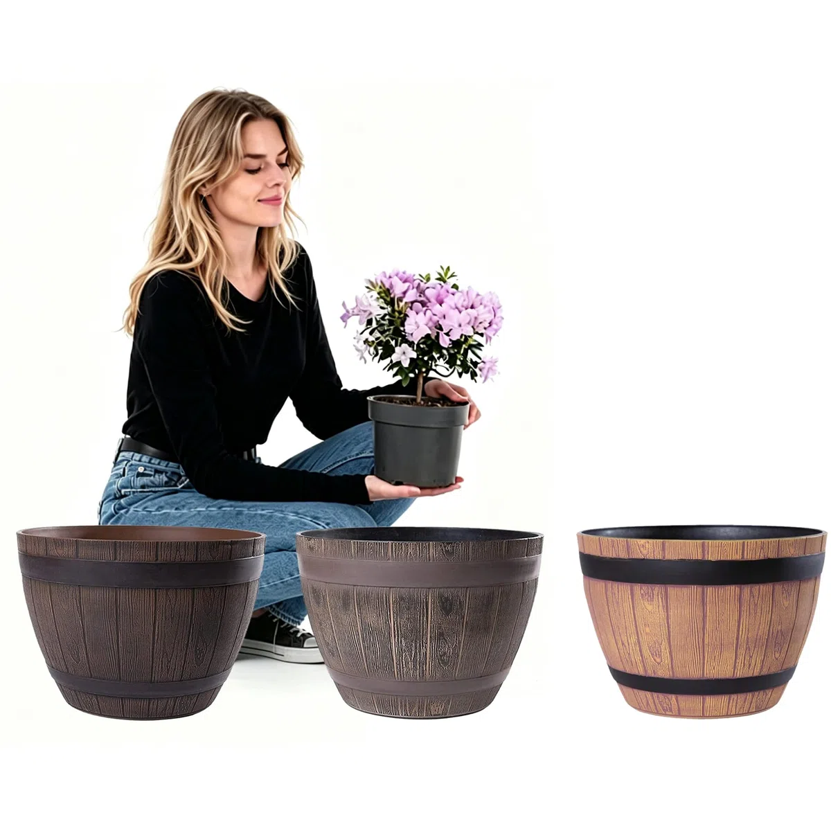 Macetero Grande Exterior de Plástico Efecto Madera - Color Castaño - Diseño Media Barrica - Ø 38 cm 19L - Maceta Resistente para Jardín, Terraza y Hogar