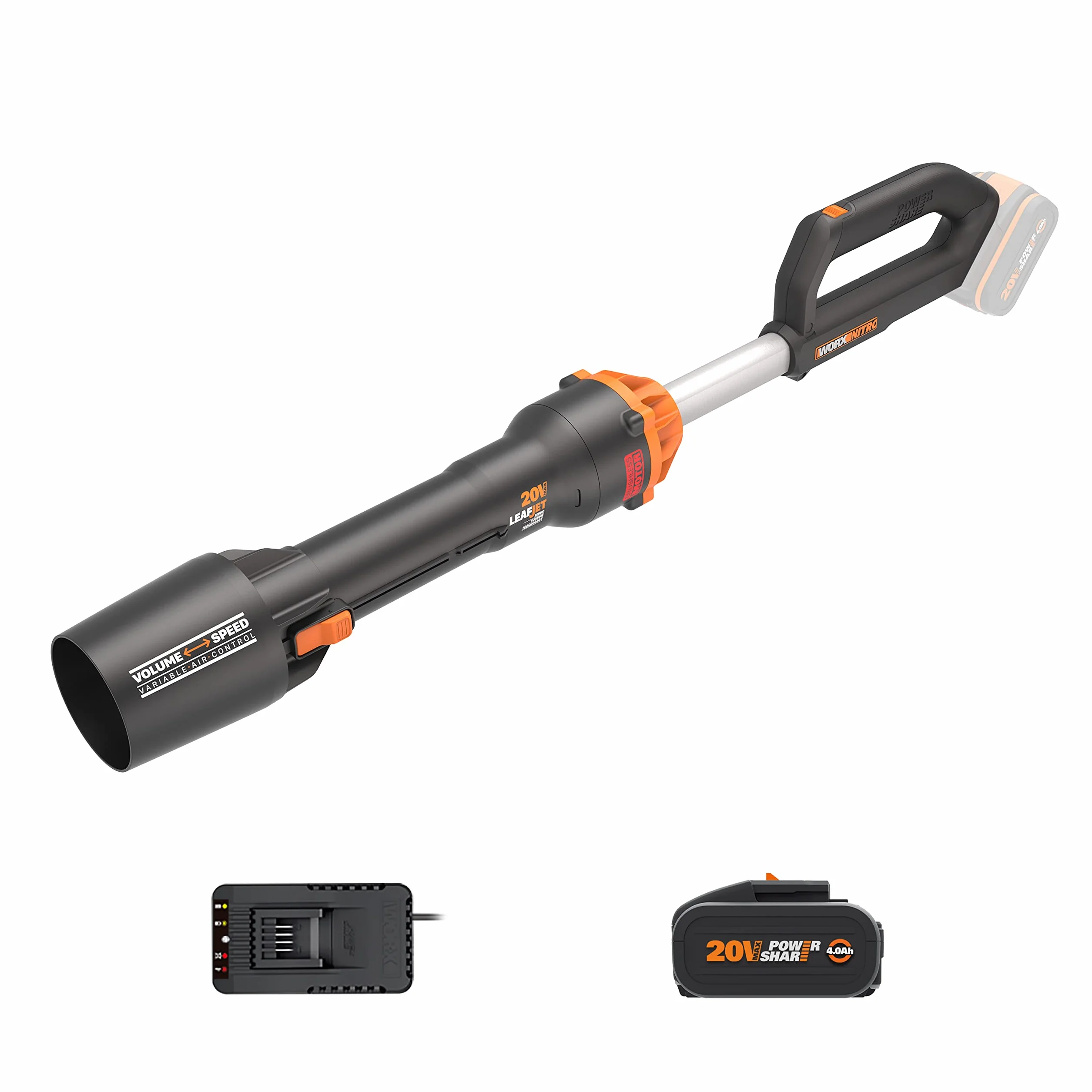 WORX WG543E Soplador de Hojas 20V-4Ah Nitro, superligero 1,7Kg, Motor brushless, 209Km/h, turbina Alto Volumen y Velocidad, para Limpieza de Jardines, Caminos y parcelas, Incluye batería y Cargador