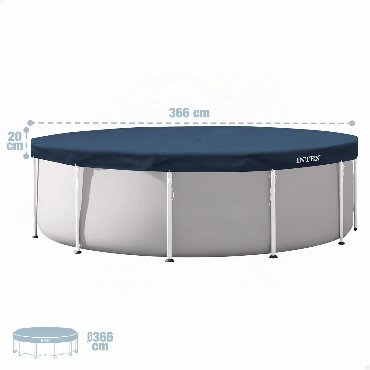 Intex Cobertor Piscina Redonda, Mide 3,66 Metros diámetro, Azul Oscuro, Incluye cordón de Agarre, Agujeros de Drenaje, Voladizo de 20 cm, Funda de Piscinas, Lona Circular Protectora (58013)