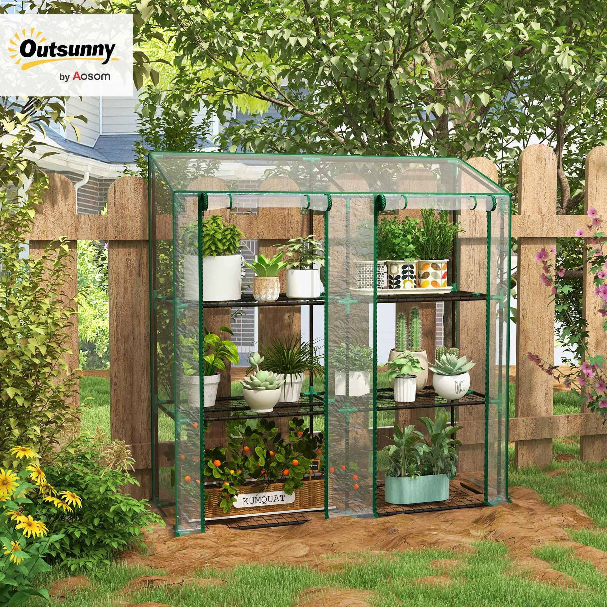 Outsunny Invernadero de Jardín de 3 Niveles Invernadero de Terraza con Estantes Techo Inclinado y 2 Puertas con Cremallera para Cultivo de Plantas en Patio 143x46x141/151 cm Transparente
