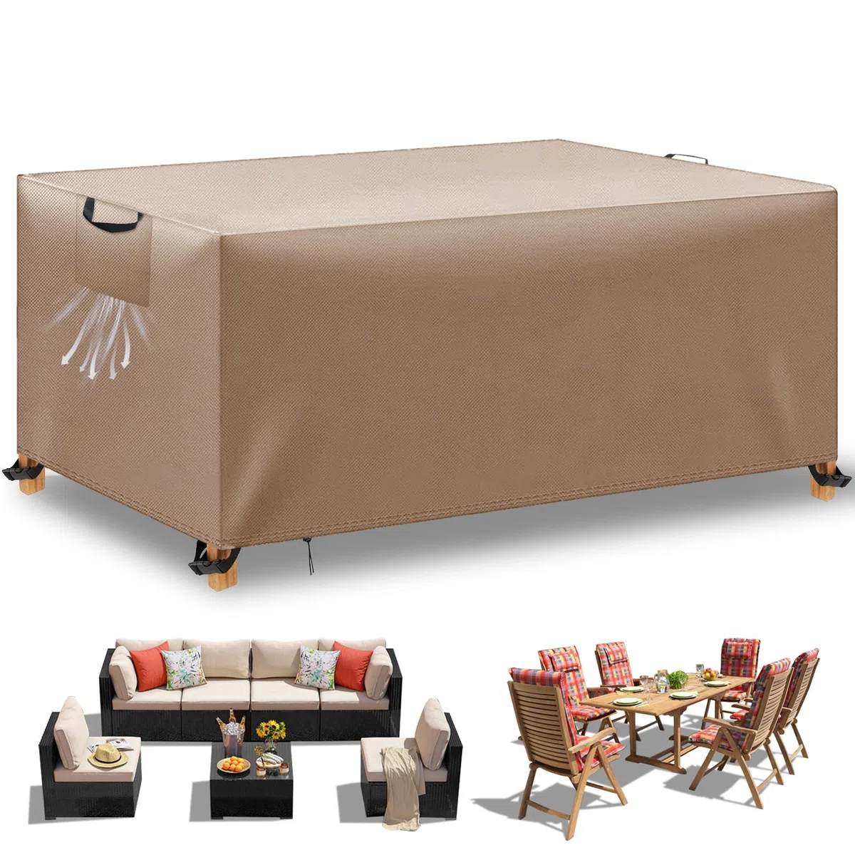 Funda para Muebles de Jardín Exterior, Funda Mesa Exterior Impermeable, Tela Oxford 420D, Anti Viento, Anti UV Funda Protectora Mesa Exterior con Salidas de Aire,Caqui, 200x100x75 cm