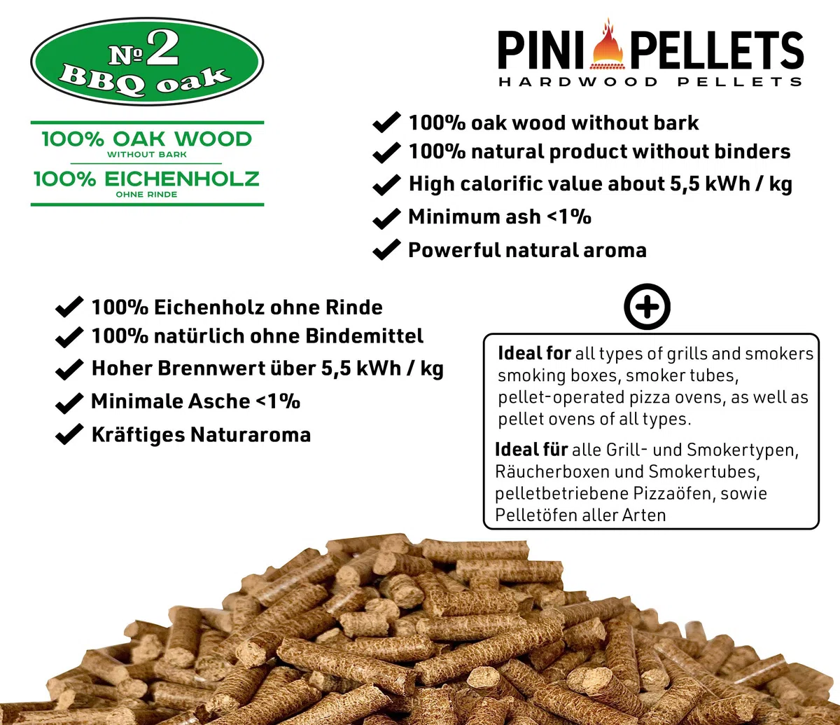 PINI Grillpellets 15 kg - Pellets de madera 100% roble No2 para asar, ahumar, también para hornos de Pizza operados con pellets