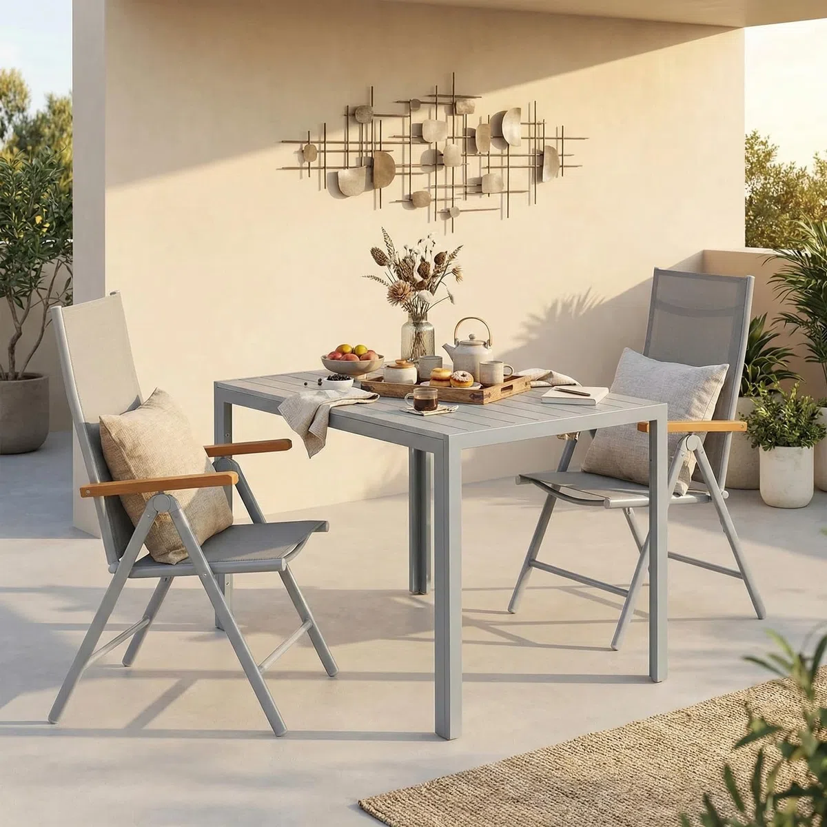 LIFERUN Juego de Muebles de Jardín 3 Piezas Aluminio, Mesa WPC 110x70 cm + 2 Sillas Plegables con Respaldo Alto, Muebles de Exterior Resistentes a la Intemperie para Terraza y Balcón,Gris Completo
