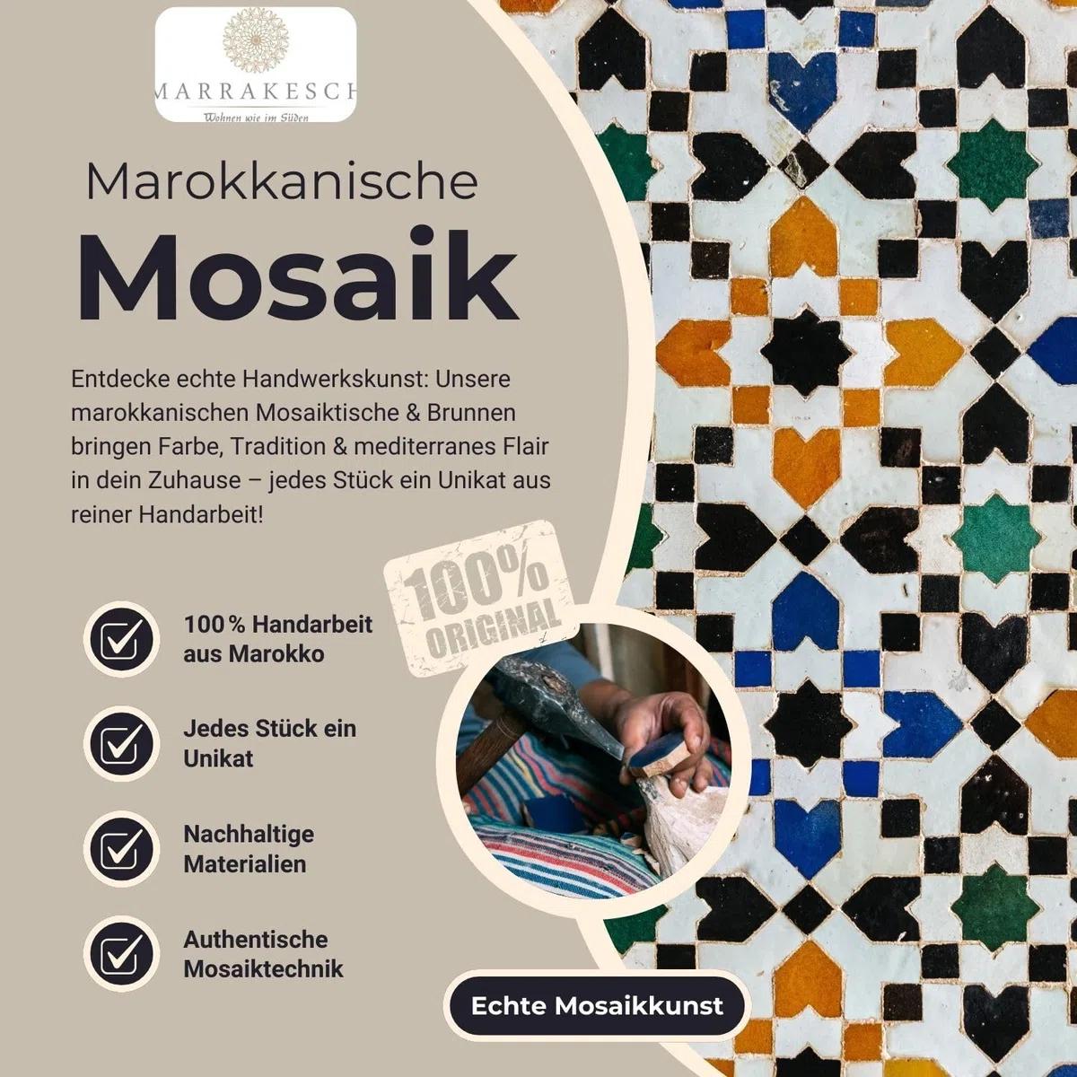 Marrakech Mesa de mosaico marroquí redonda, 60 cm de diámetro, plegable, hecha a mano, de Marruecos, mesa de bistró, jardín, balcón, terraza, mesa de jardín con mosaico, Moro azul y blanco, mesa