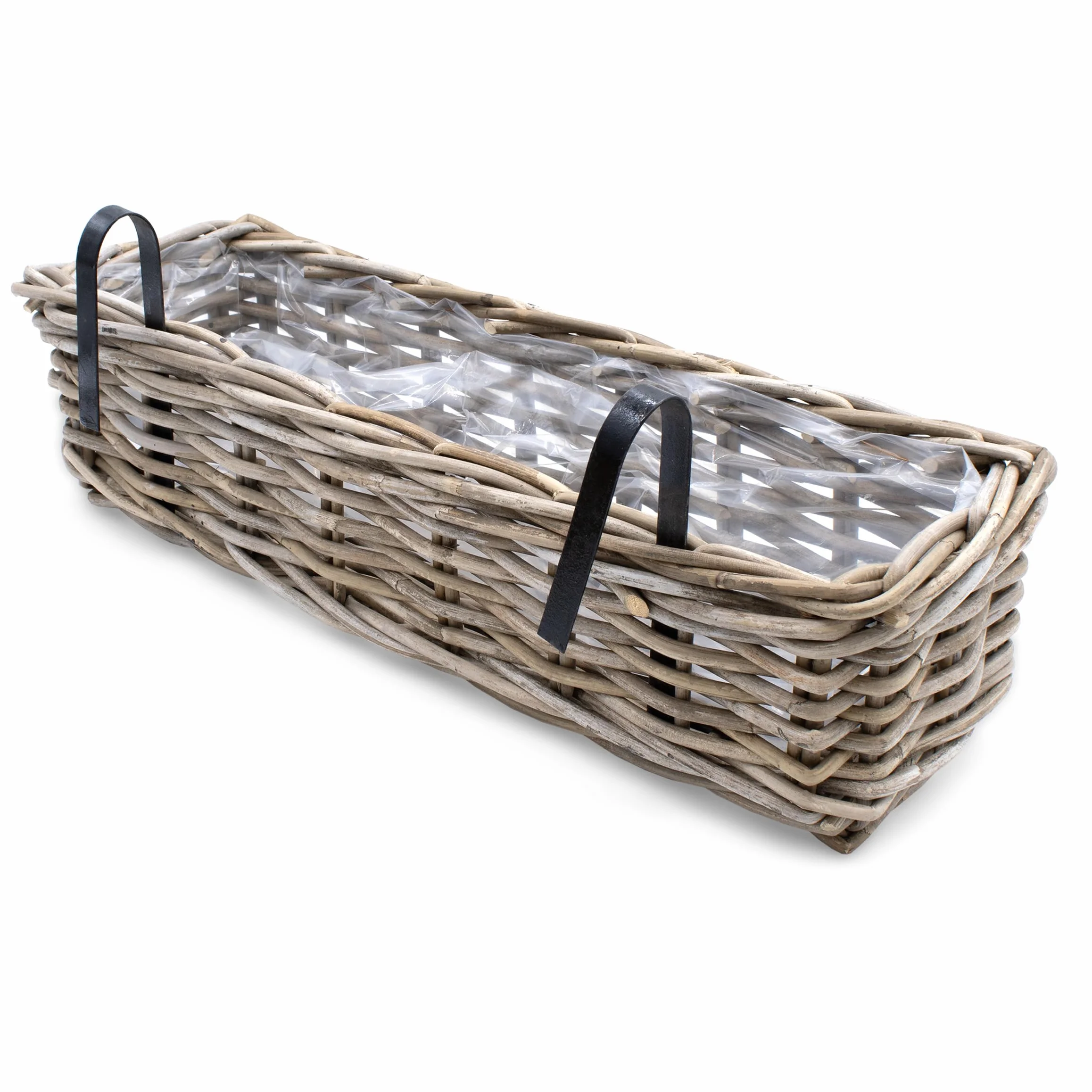 Spetebo Set de 2 maceteros de ratán natural para balcón 60 x 20 cm - Cesta de mimbre con soporte - Macetero para colgar en barandillas de balcón, jardín, macetero para flores
