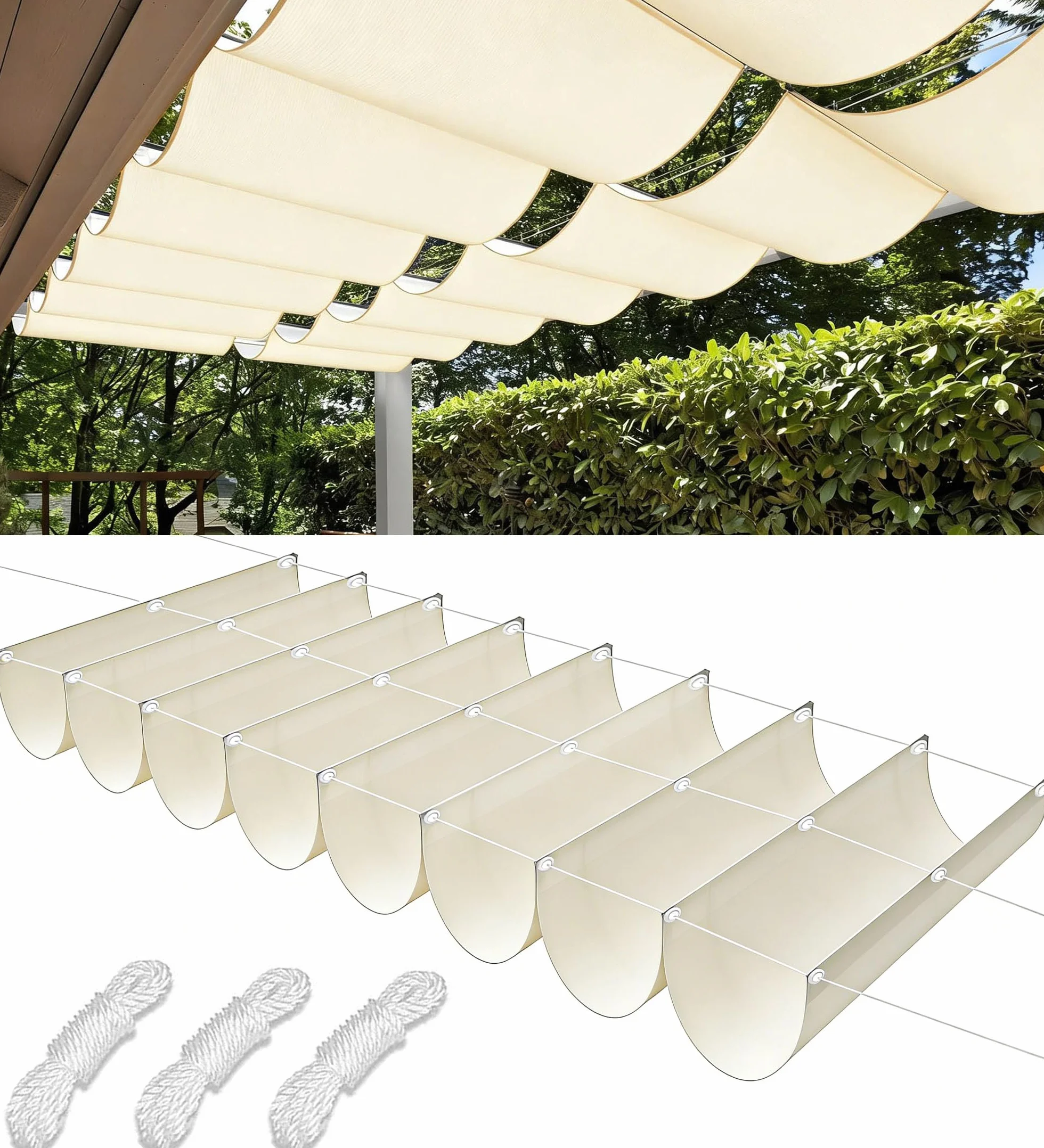 Retráctil Ondulada Vela de Sombra 2.5x6m Impermeable Toldos Exterior Rectangular Protección Rayos UV Resistente al Desgarro para Terraza Balcon Exterior Jardín con Ojales y Cuerdas Crema