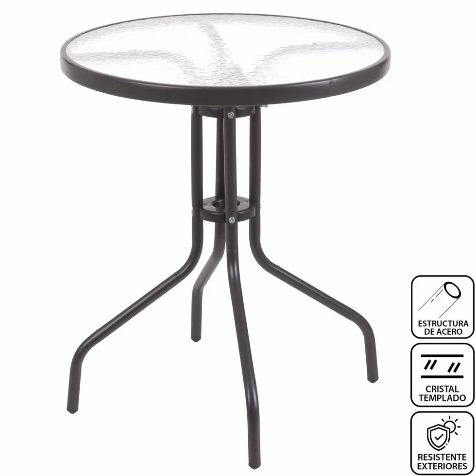 LOLAhome Mesa de jardín de Acero y Cristal Templado | De Ø 60 cm | Pintuta Color Antracita con epoxi Anticorrosión | Resistente y Duradera | Balcón, Terraza o Jardín | Trivia