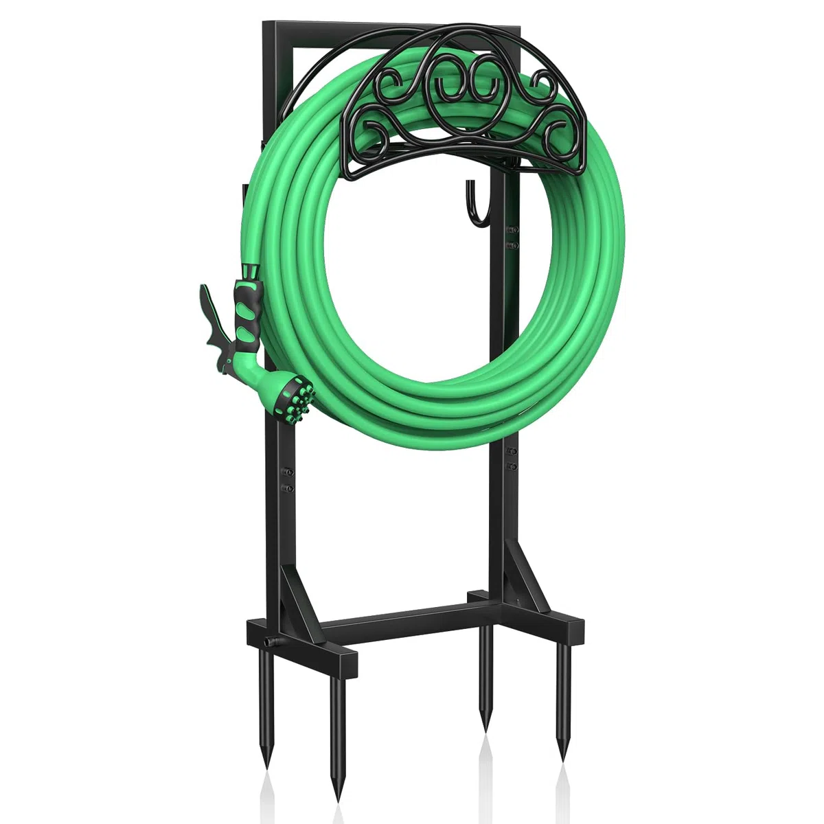 Soporte para manguera de Jardin de 109,5 cm, Soporte para Manguera de Riego de 45 m, con 2 Ganchos para Herramientas y 4 Puntas de Anclaje, Soporte e Independiente para el Jjardín y el Césped