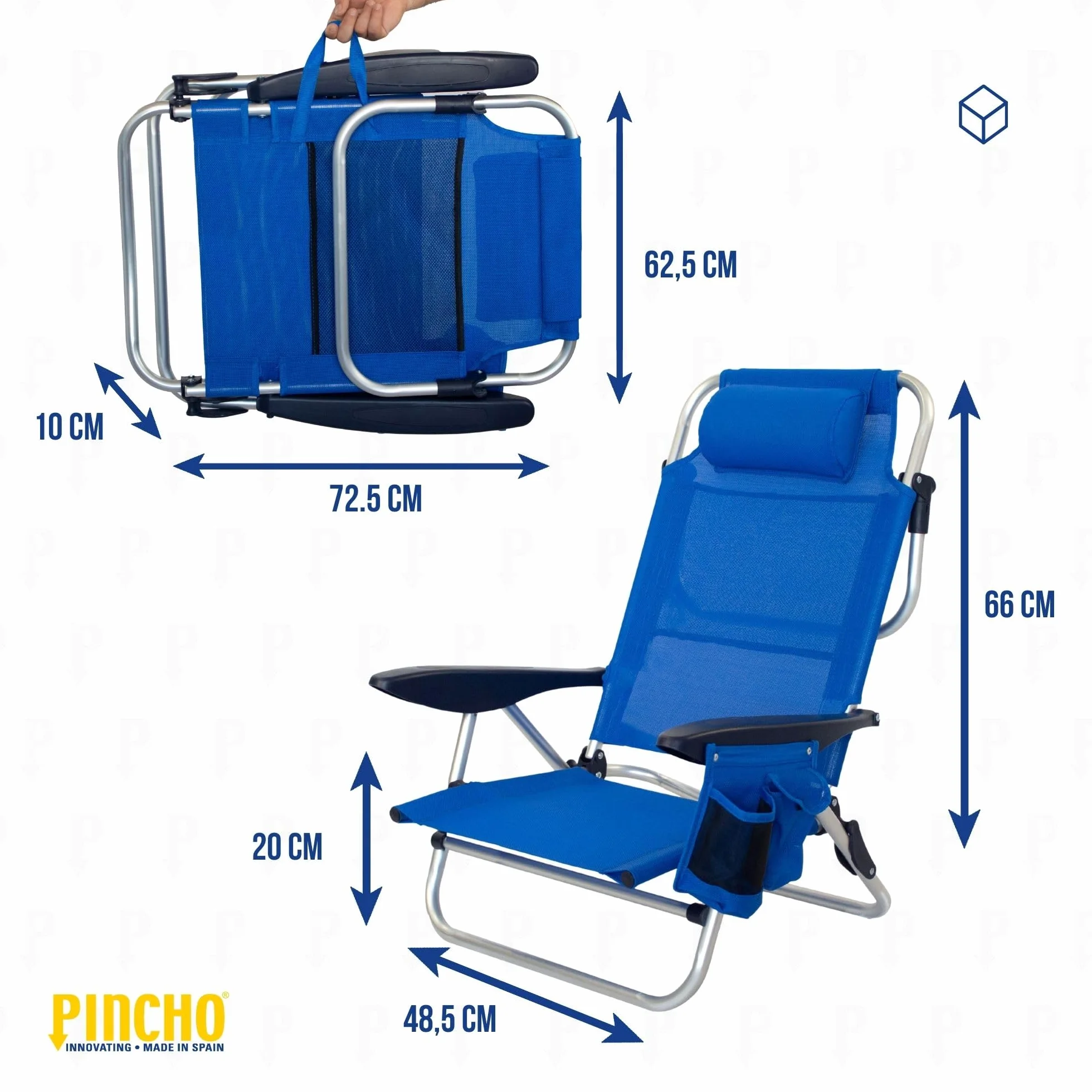 Pincho Silla de Playa Reclinable Aluminio 4 Posiciones Plegable Ligera Resistente 110kg textilene Transpirable con Reposacabezas y Bolsillos Azul Turquesa y Marino