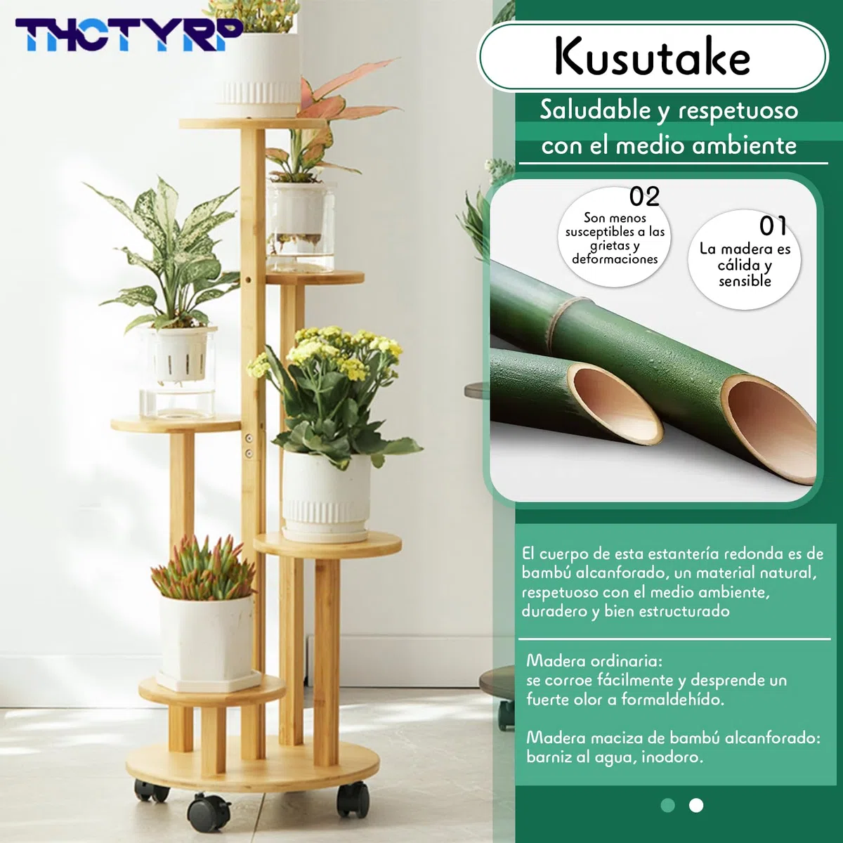 Soporte de flores de bambú alto y bajo, soporte para flores de disco, soporte para macetas de pothos con ruedas para balcón de sala de estar, soporte de flores de interior