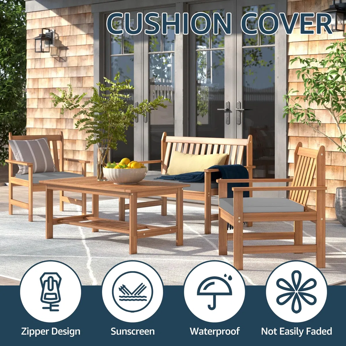 4 piezas de fundas para silla de jardín (sin relleno), fundas para sillas de exterior impermeables y a prueba de polvo con cremallera, para terraza, jardín, patio, 60 x 60 x 10 cm (Gris claro)