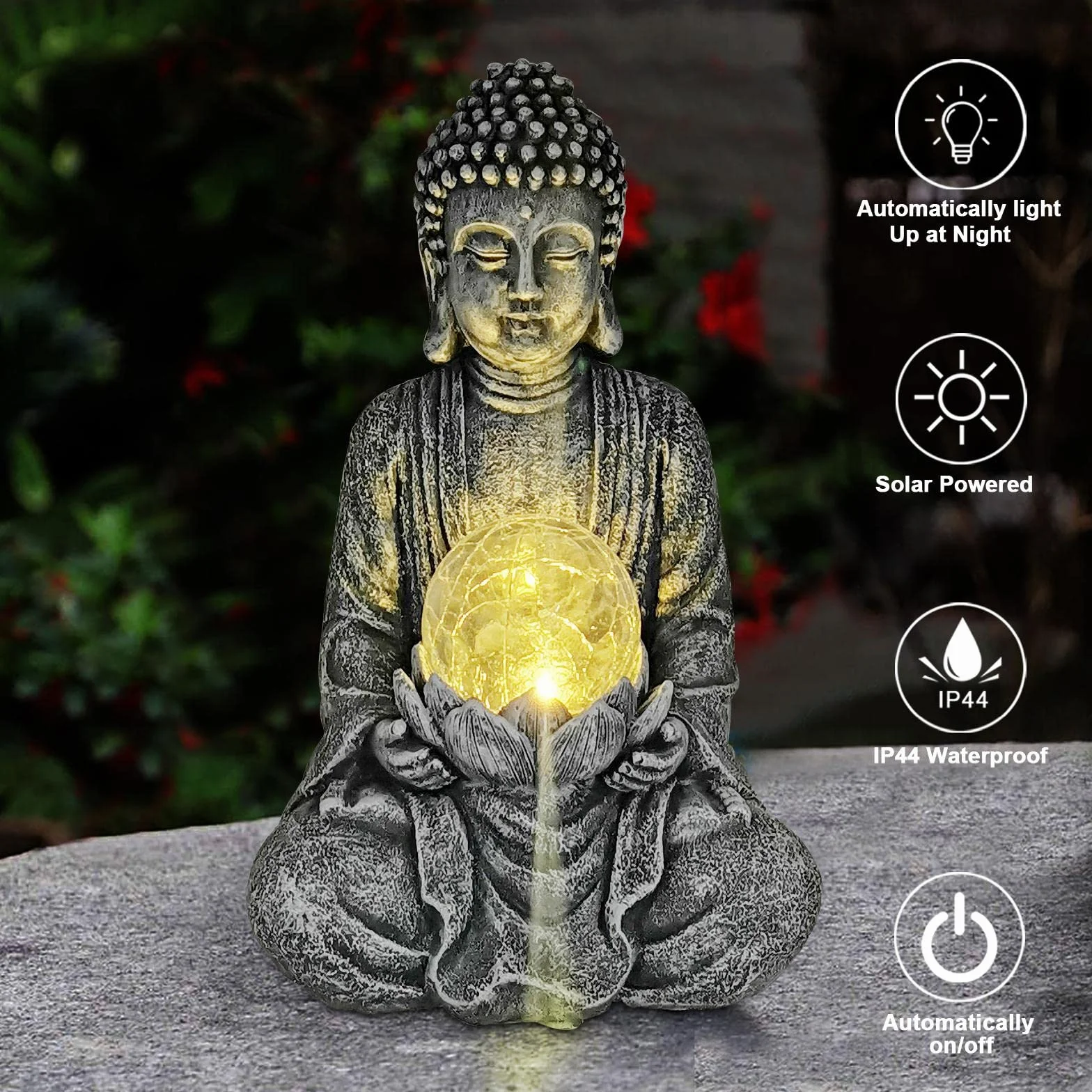 Yeomoo Figura de Buda de meditación para exteriores, decoración de jardín Zen Buda grande con lámpara solar, bola de cristal, figuras de regalo para mamá/mujeres, decoración japonesa para balcón