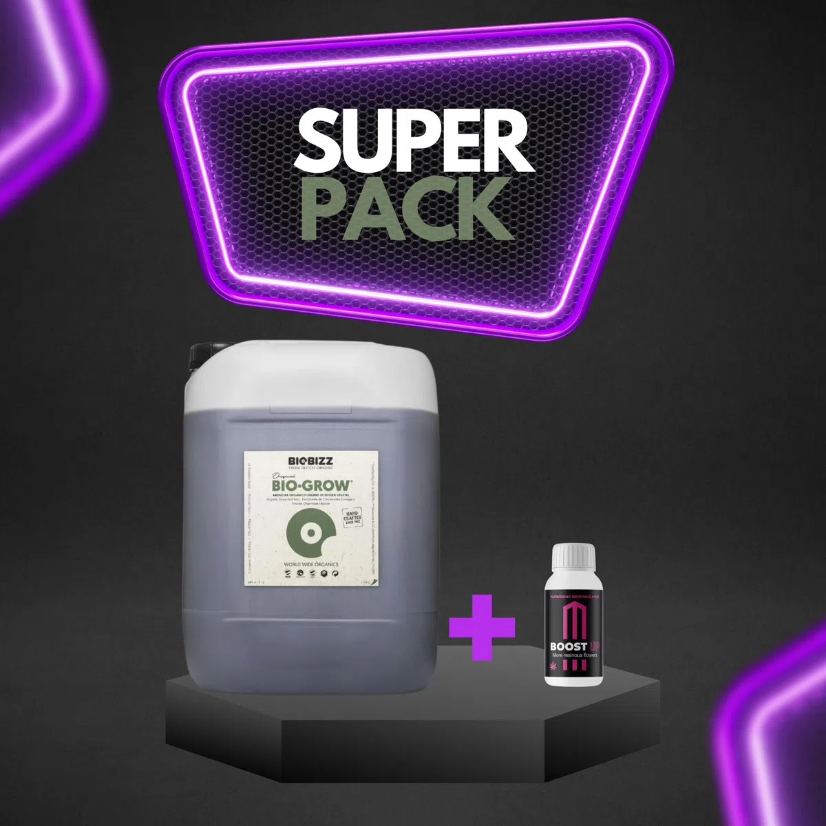 GROWMANIA Fertilizante Bio Grow de BioBizz 5 L + Muestra Boost Up de Up Nutrients + Vaso Medidor | Abono 100% Orgánico para Etapa de Aumento de Plantas y Cultivos | Sustrato Natural Todo Tipo Tierras