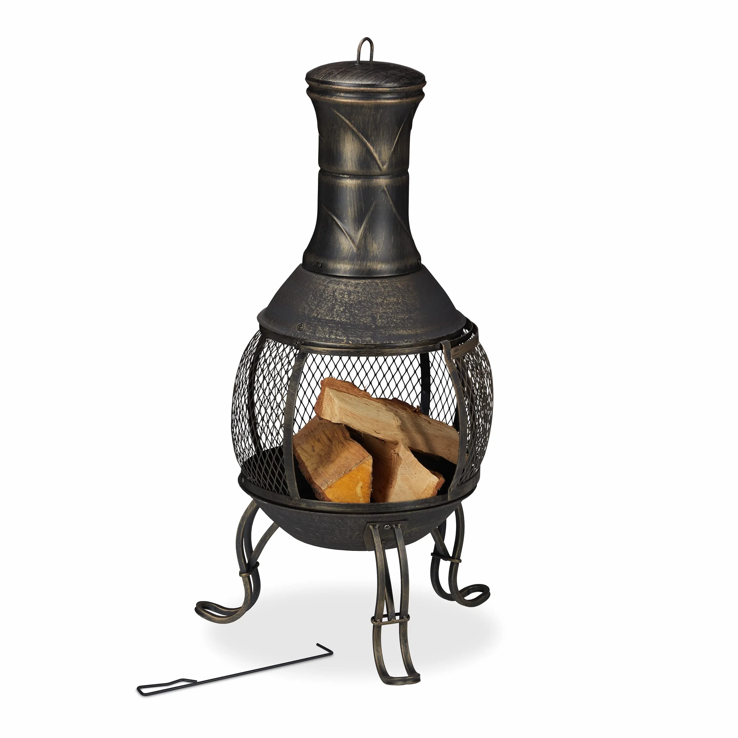 Relaxdays Chimenea Exterior, Acero y Hierro Fundido, 88x36 cm, Brasero Jardín, Salvachispas y Atizador, Negro y Dorado