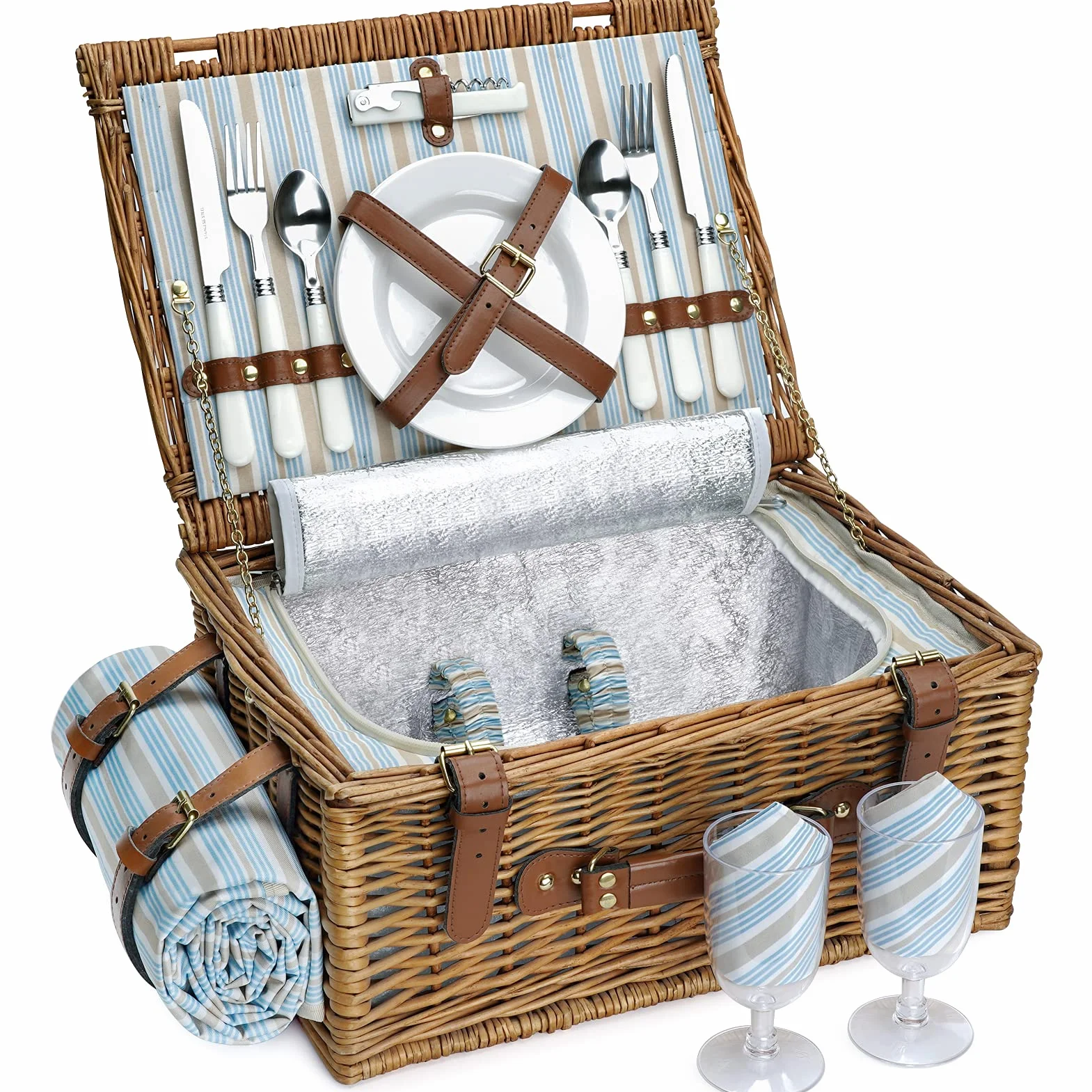 Juego de cesta de picnic para 2 personas, cesta de sauce con gran compartimento térmico aislante, manta impermeable y kit de servicio de cubiertos, marrón clásico