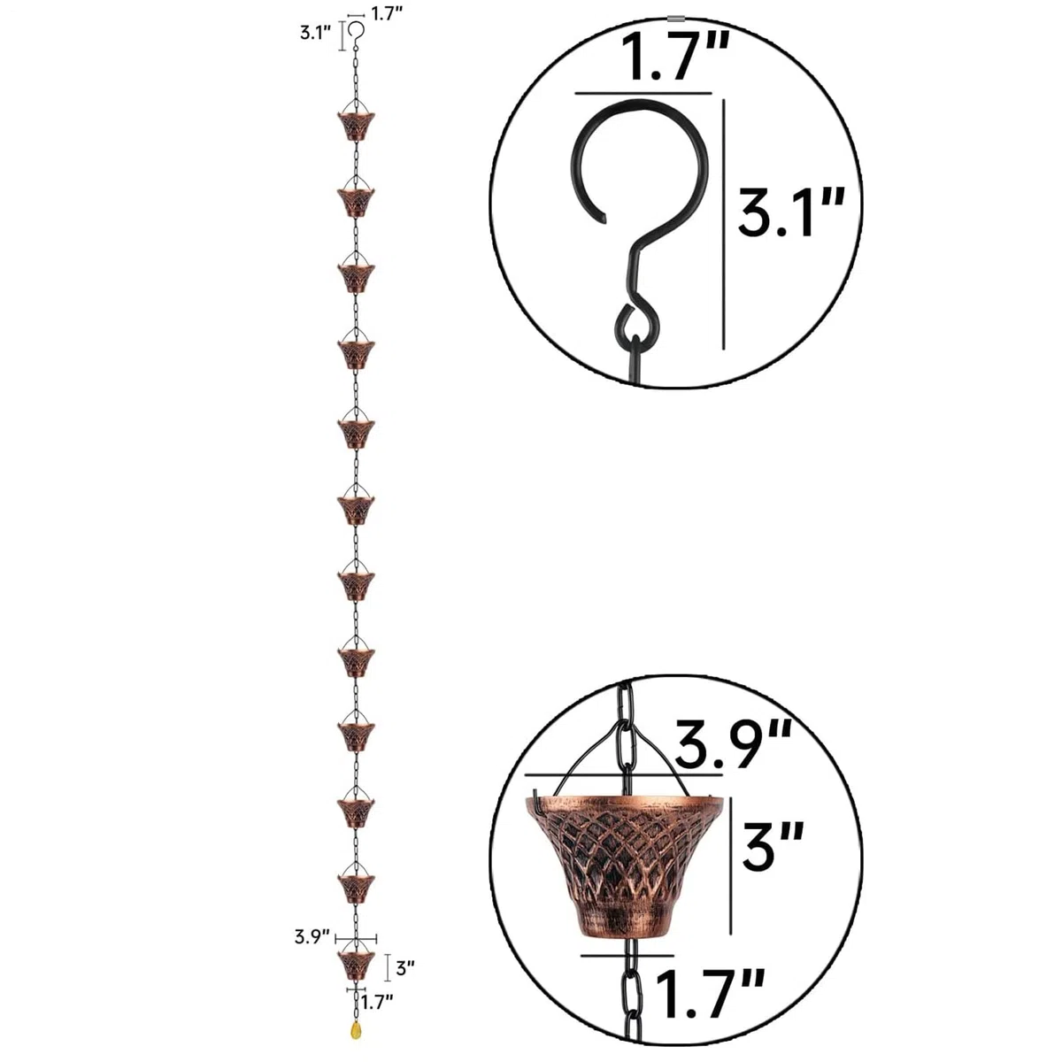 Genérico Cadenas De Lluvia para Canalones | Tubo De Desagüe Decorativo De Cobre 2.7 Metros,Cadena De Lluvia Decorativa con 12 Tazas | para Casa Jardín Exterior Pérgola Techo Toldo