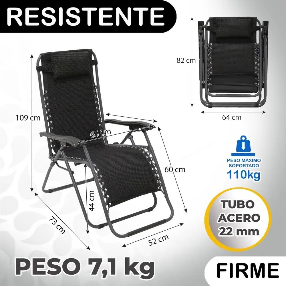 LOLAhome 2 sillas Gravedad Cero Camping jardín y terraza, reclinables, Bloqueo de Seguridad, Estructura Acero y Asiento Lona Oxford poliéster 3D Negras