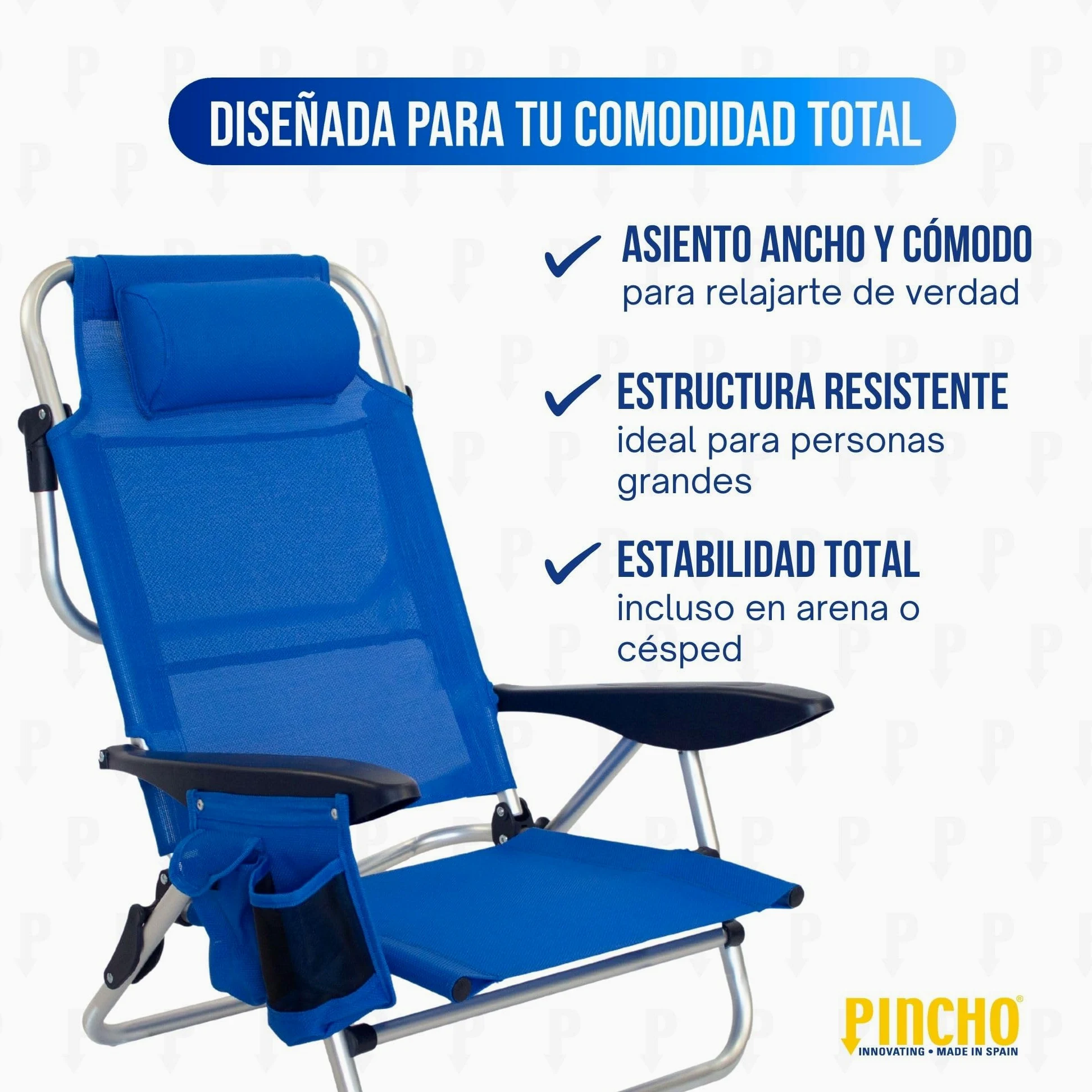 Pincho Silla de Playa Reclinable Aluminio 4 Posiciones Plegable Ligera Resistente 110kg textilene Transpirable con Reposacabezas y Bolsillos Azul Turquesa y Marino
