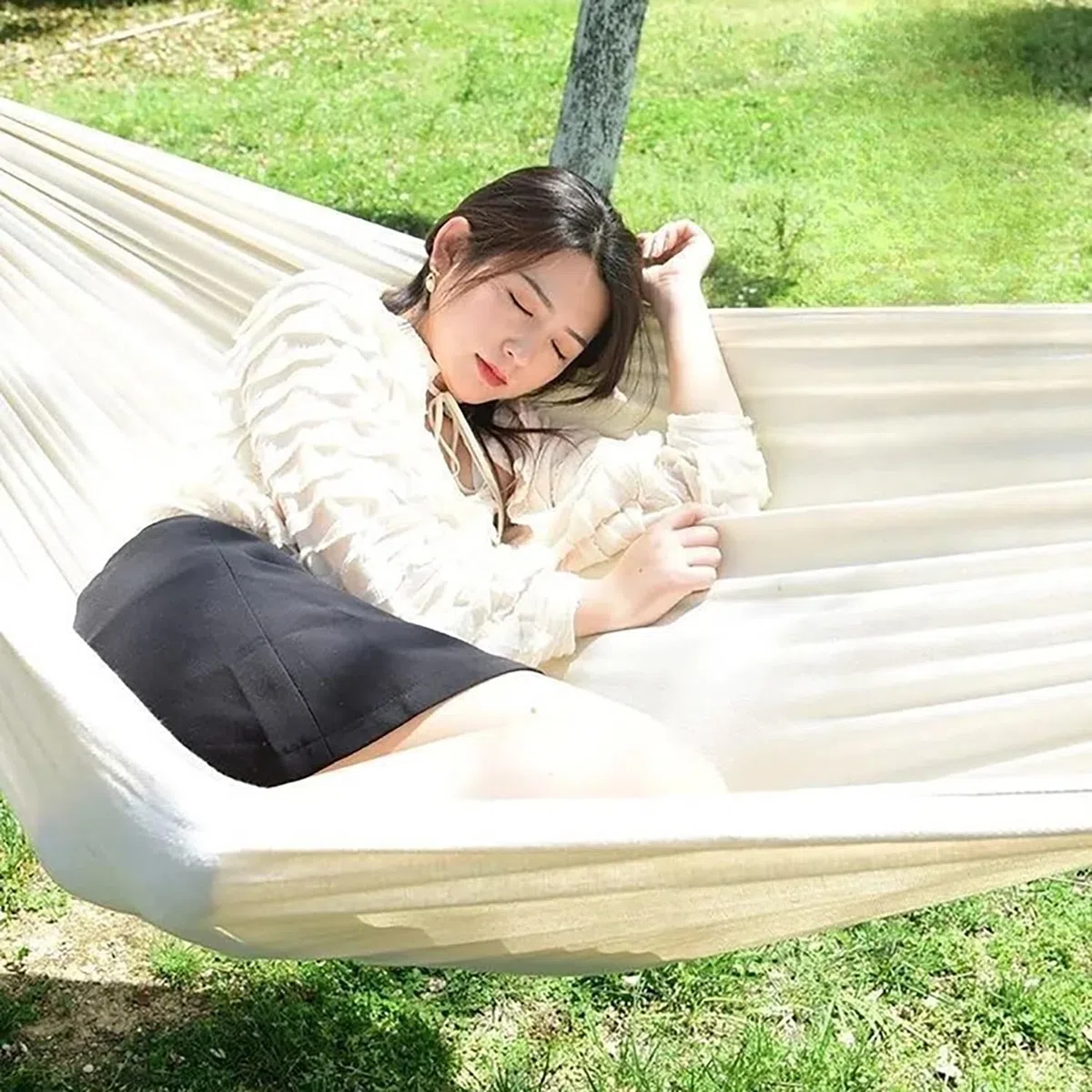 Hamaca Individual Al Aire Libre Tumbona Colgante - Beige, 1 Pieza, Hamacas Plegables, para Terraza, Balcón, Jardín y Camping Libre, con Bolsa de Almacenamiento, Correas Mosquetones