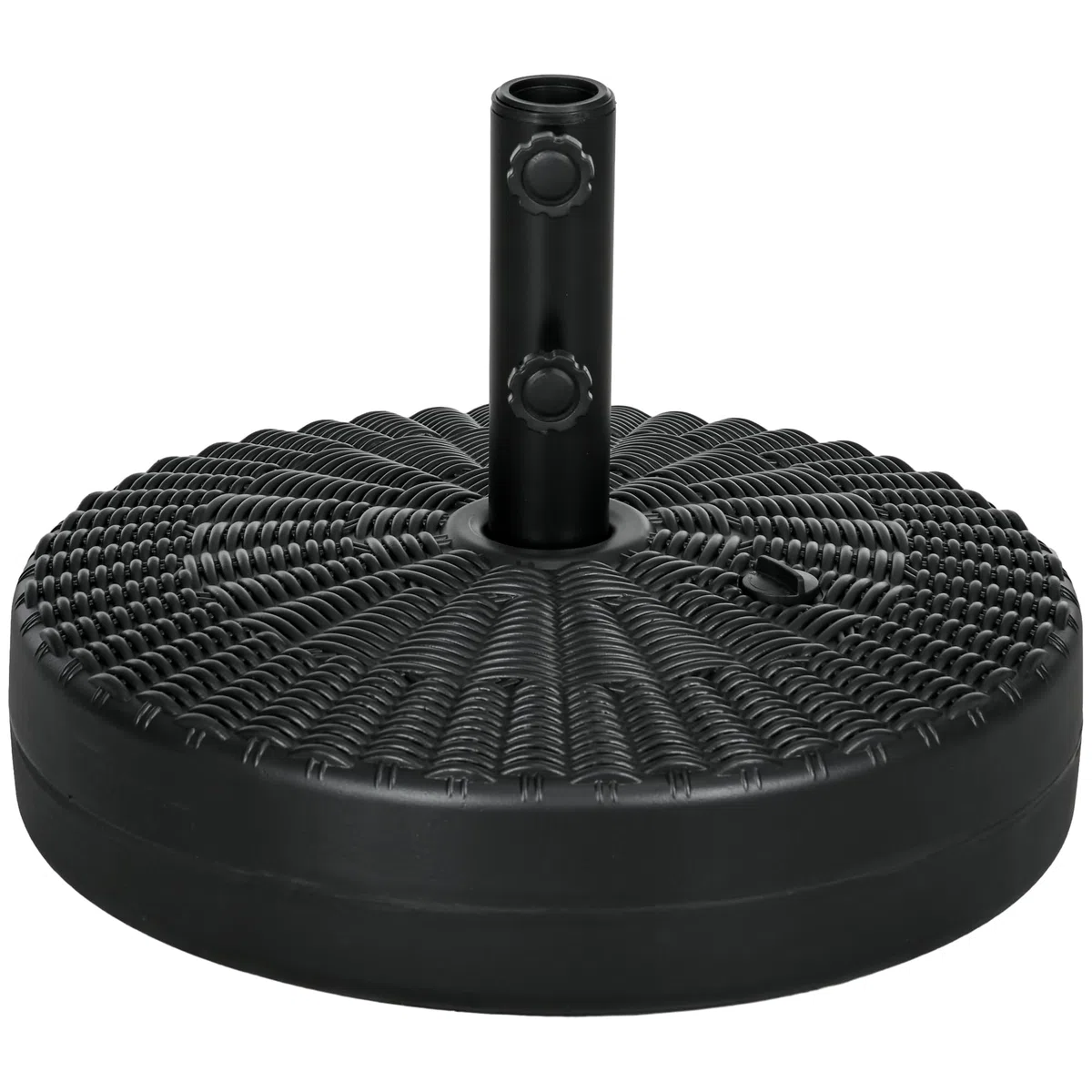 Outsunny Base de Sombrilla Redondo Soporte para Parasol Rellenable de Agua 22 kg y Arena 29 kg para Poste de Parasol de Ø38/48 mm Superficie de Imitación de Ratán Ø51x36 cm Negro