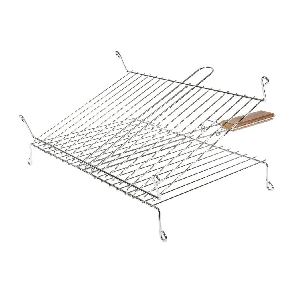 ruecab 1086 rejilla de barbacoa doble sobre patas acero inoxidable mango madera plata 30 x 40 cm