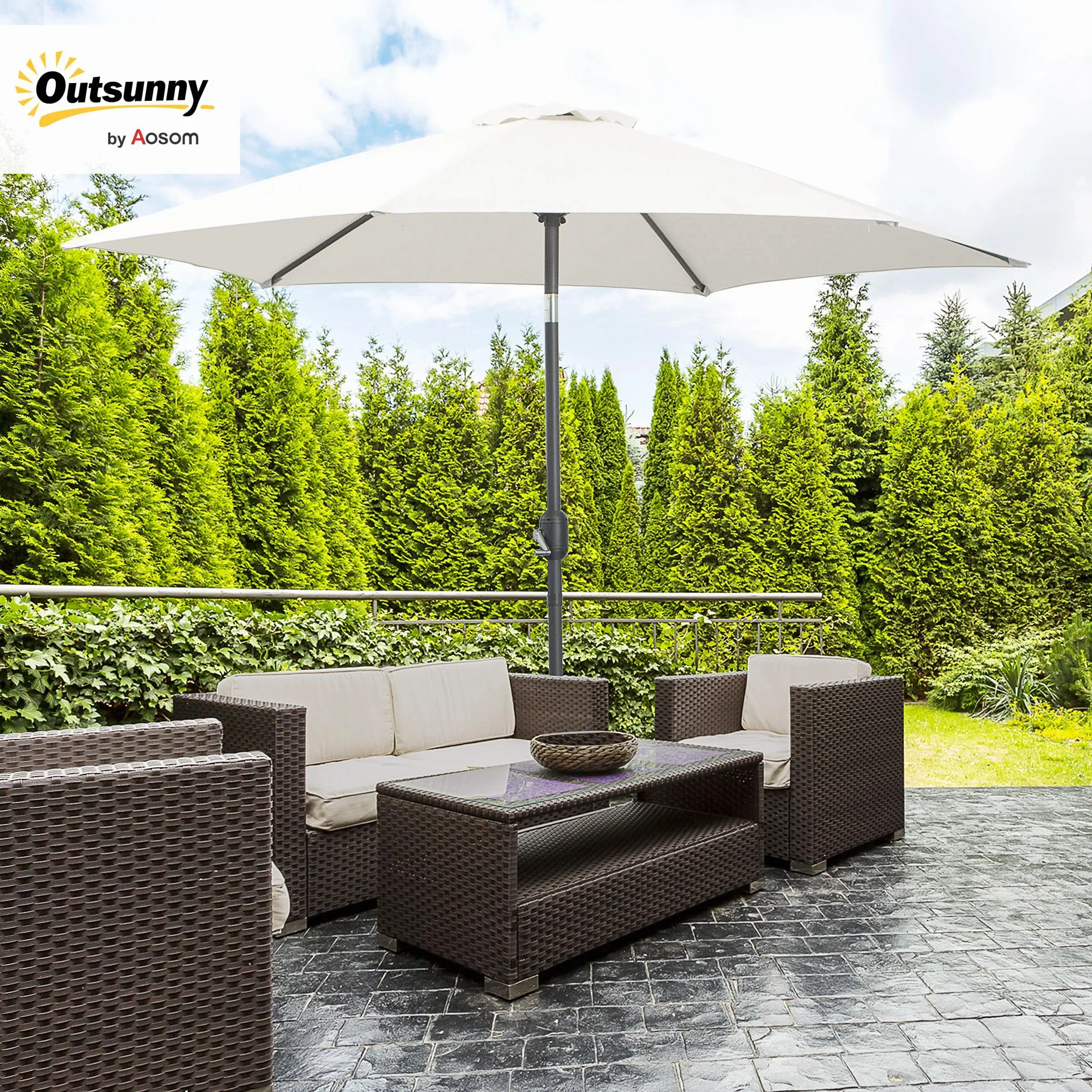Outsunny Sombrilla de Jardín, Ø260x235 cm, Parasol de Jardín Reclinable con Manivela, Poste Desmontable de Aluminio y 6 Varillas de Metal, para Terraza, Exterior, Balcón, Crema