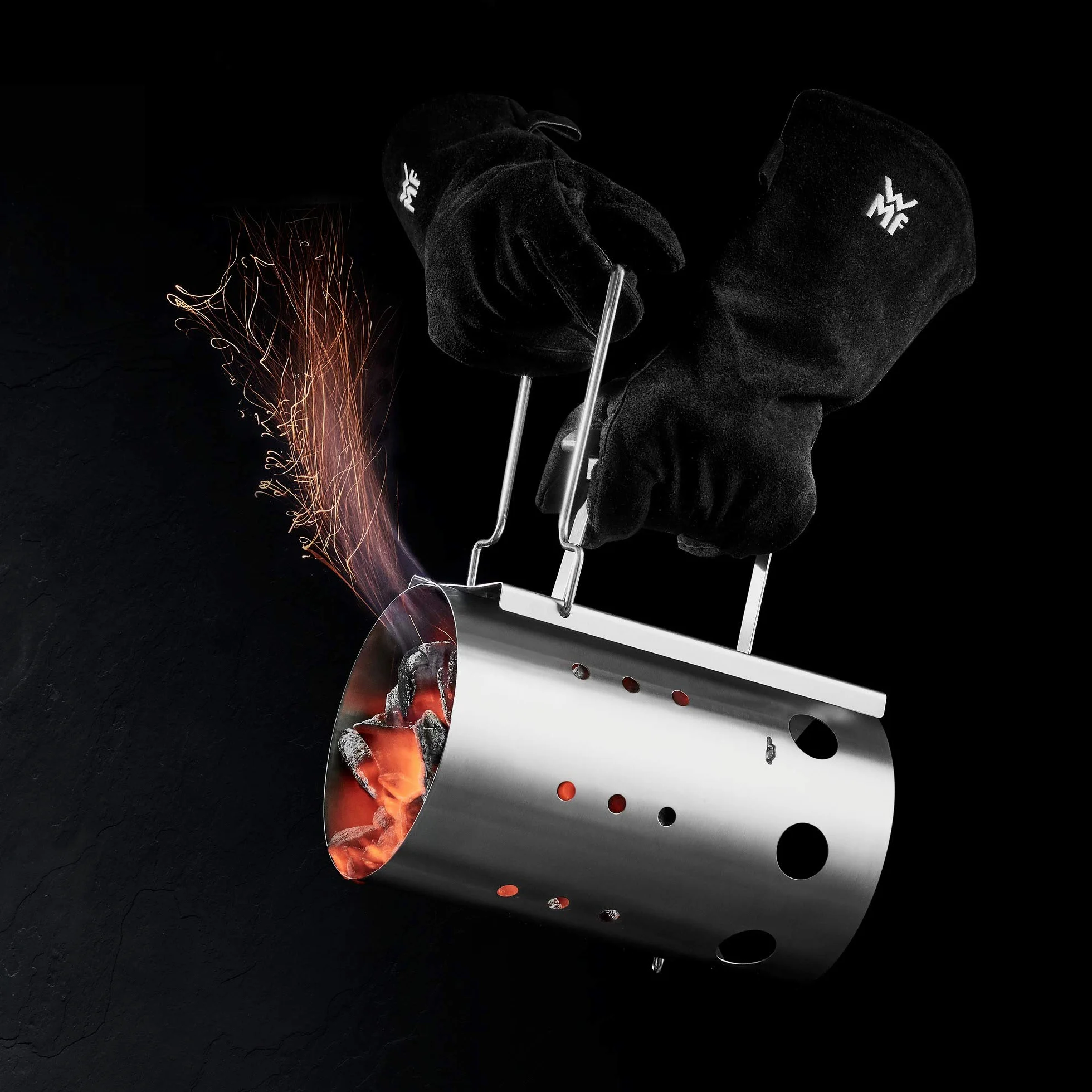 WMF BBQ - Grill Gloves, Par de Guantes para Barbacoa , Cuero Negro, Guantes Resistentes al Calor, Guantes para Horno Extra Largos, Tamaño Práctico (40 cm)