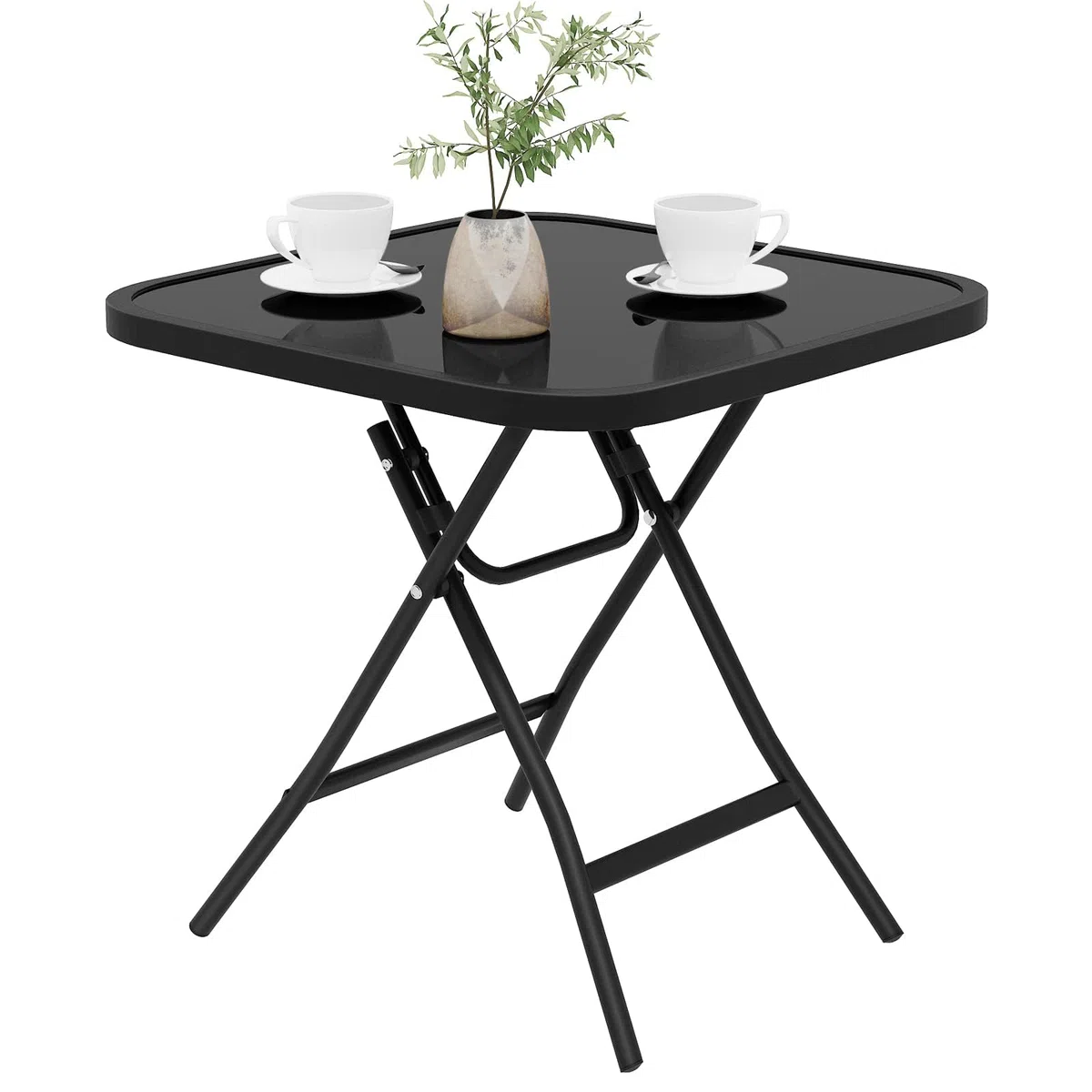 eSituro Mesa Auxiliar Plegable, Mesita de Jardin, Mesa Plegable Exterior Pequeña para Terraza, Balcón y Patio, Metal Tablero de Cristal, Cuadrada Negro 46x46x48cm