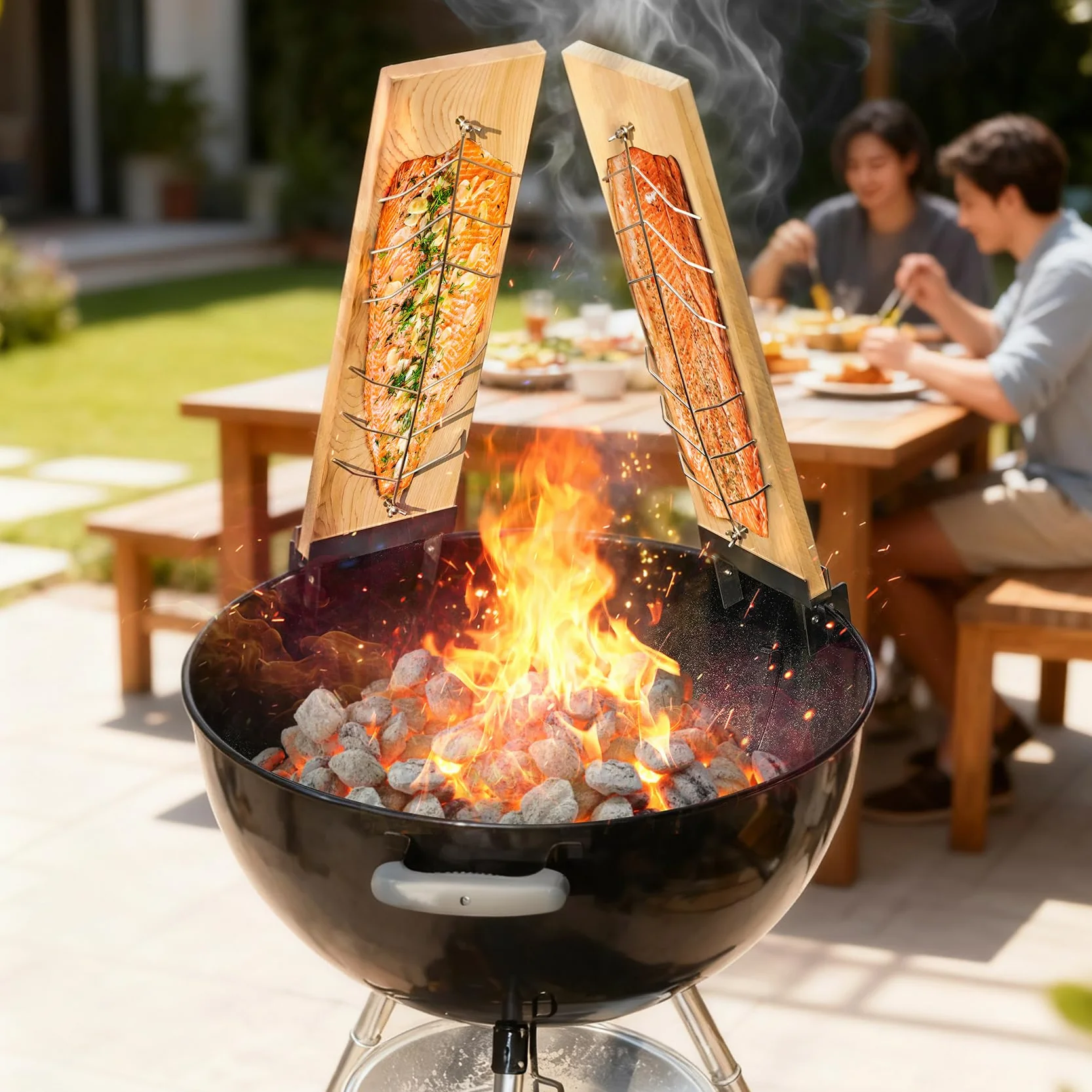 onlyfire Tablas de Salmón Flameado 2 Piezas, con 2 Juego de Fuerte Soporte de Acero Inoxidable Ajustable,Tablero de Incienso de Cedro Rojo Natural para Filetes de Salmón, Brasero y Barbacoa