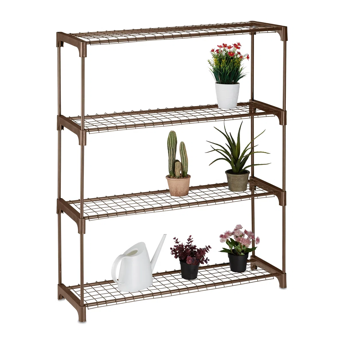 Relaxdays Estantería para Plantas, 4 Baldas, Mueble Macetas Flores y Hierbas, Soporte Metálico, 106 x 91 x 28 cm, Marrón