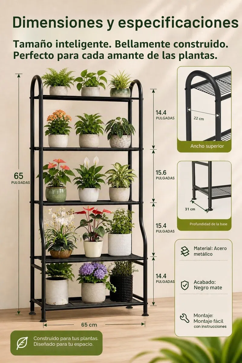 Soporte de metal para plantas de 5 niveles, estante de flores resistente para interiores y exteriores para múltiples macetas, soporte vertical de 65 pulgadas de alto con patas de nivelación
