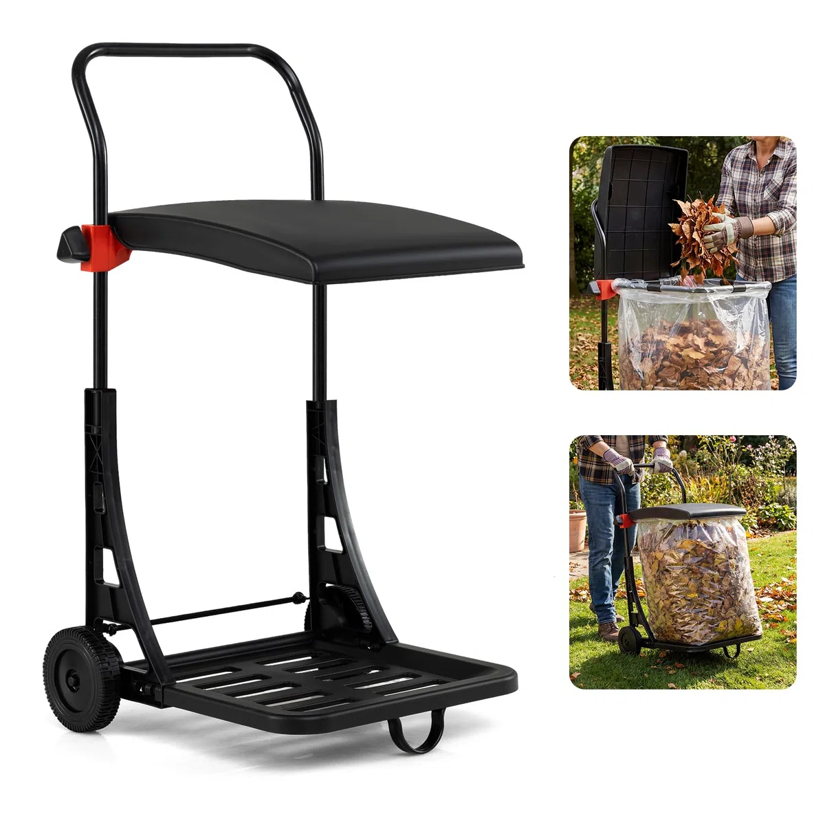 COSTWAY Carro para Bolsas de Basura, Carro Saco Jardín con Ruedas, Tapa con Altura Ajustable, Estructura de Metal, para Interior y Exterior, Soporte para Bolsas de Basura para Césped, Residuos